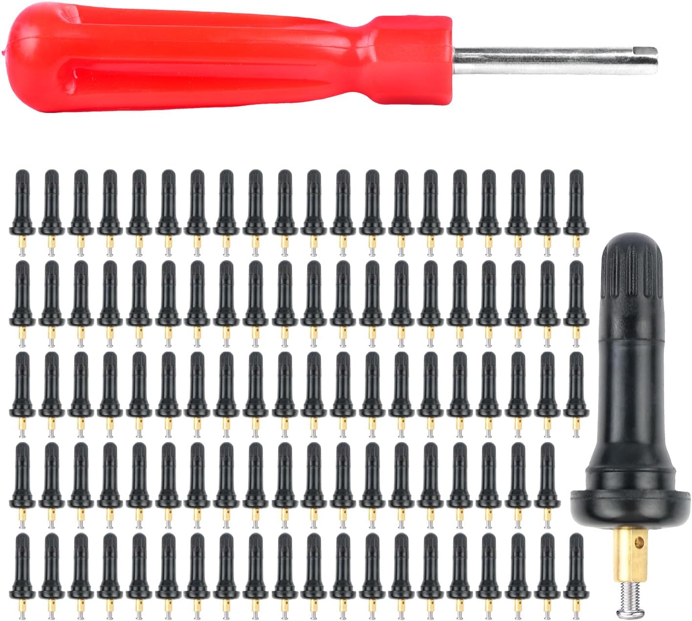 100PCS TPMS 20008 Snap-in Rubber Tire Valve Stems with Red Wrench, TPMS Sensor Valve Stem Kit Compatible with Ford GMC Chevy Subaru Dodge, Replaces 17-20008 20018