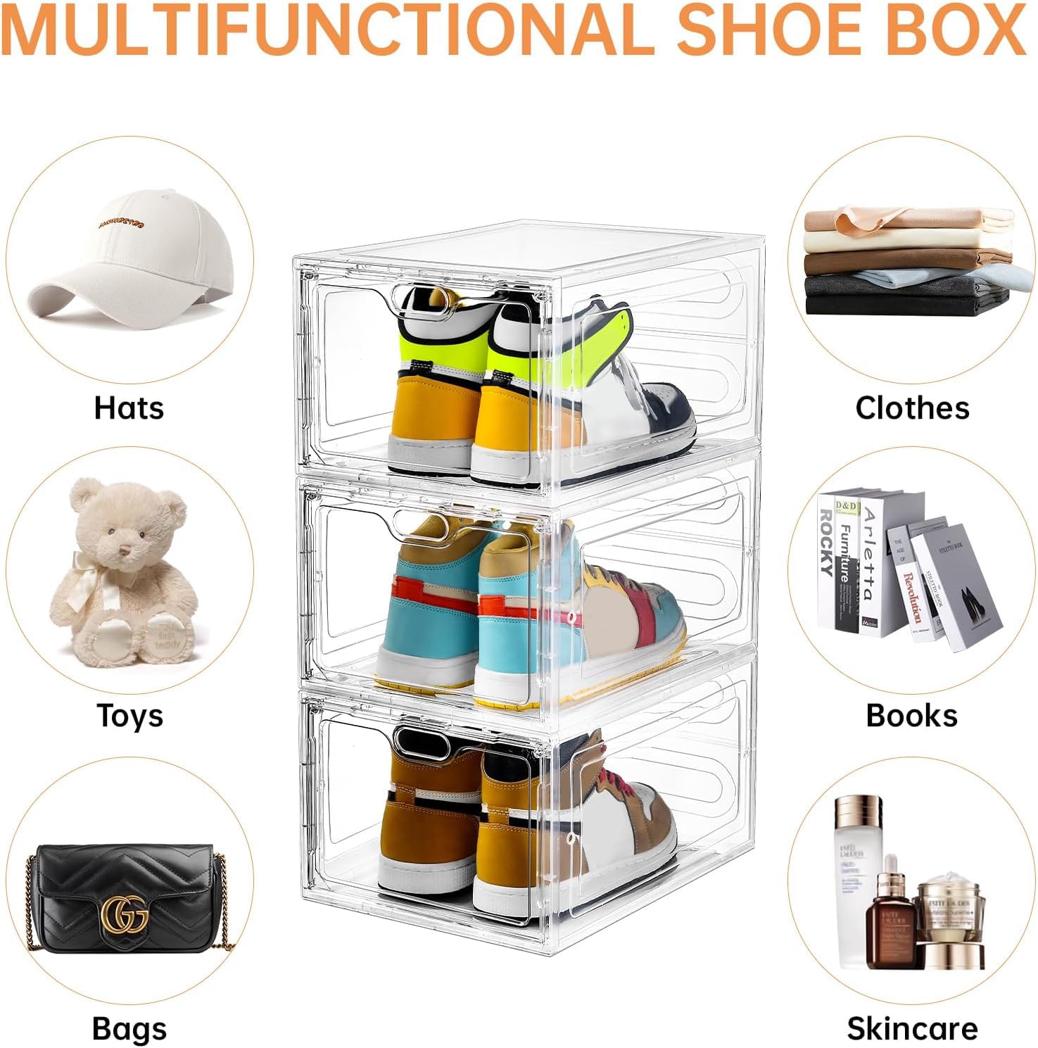 Aliscatre Schuhboxen, transparenter Kunststoff, stapelbar, 6 Stück, Schuh-Organizer für Schrank, Schuhbehälter für Sneaker-Display, passend für US-Größe 47 (34x24.9x18 cm)