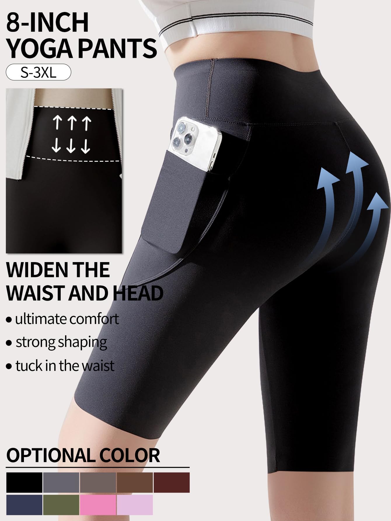 Pantalones cortos de ciclista para mujer con bolsillos, cintura alta de 8 pulgadas, control de abdomen, entrenamiento, yoga, correr, gimnasio, pantalones cortos deportivos — view 3