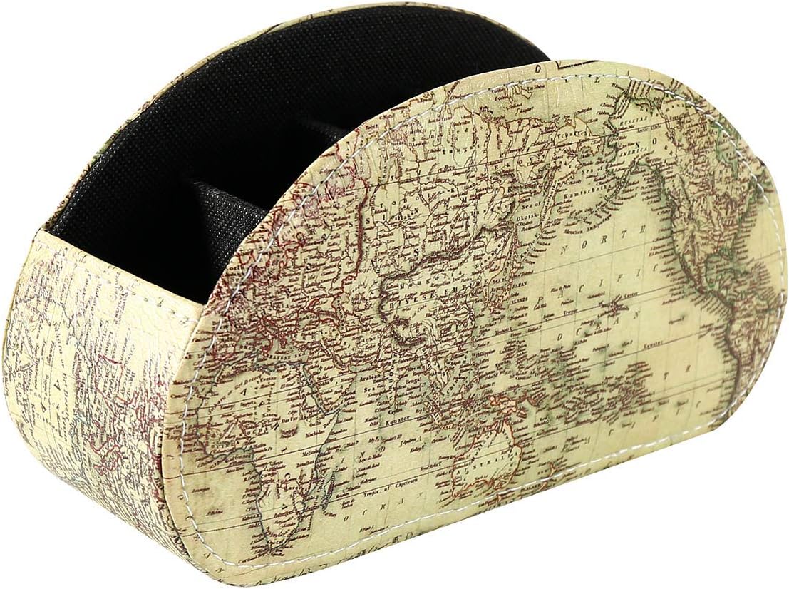 LINKWELLRemote Control Holder, Spacious Decorative PU Leather Makeup Organizer with 5 Compartments, Table Decor Storage Remote Caddy for TV, DVD, Blu-Ray, Office Supplies World Map Yellow PH57