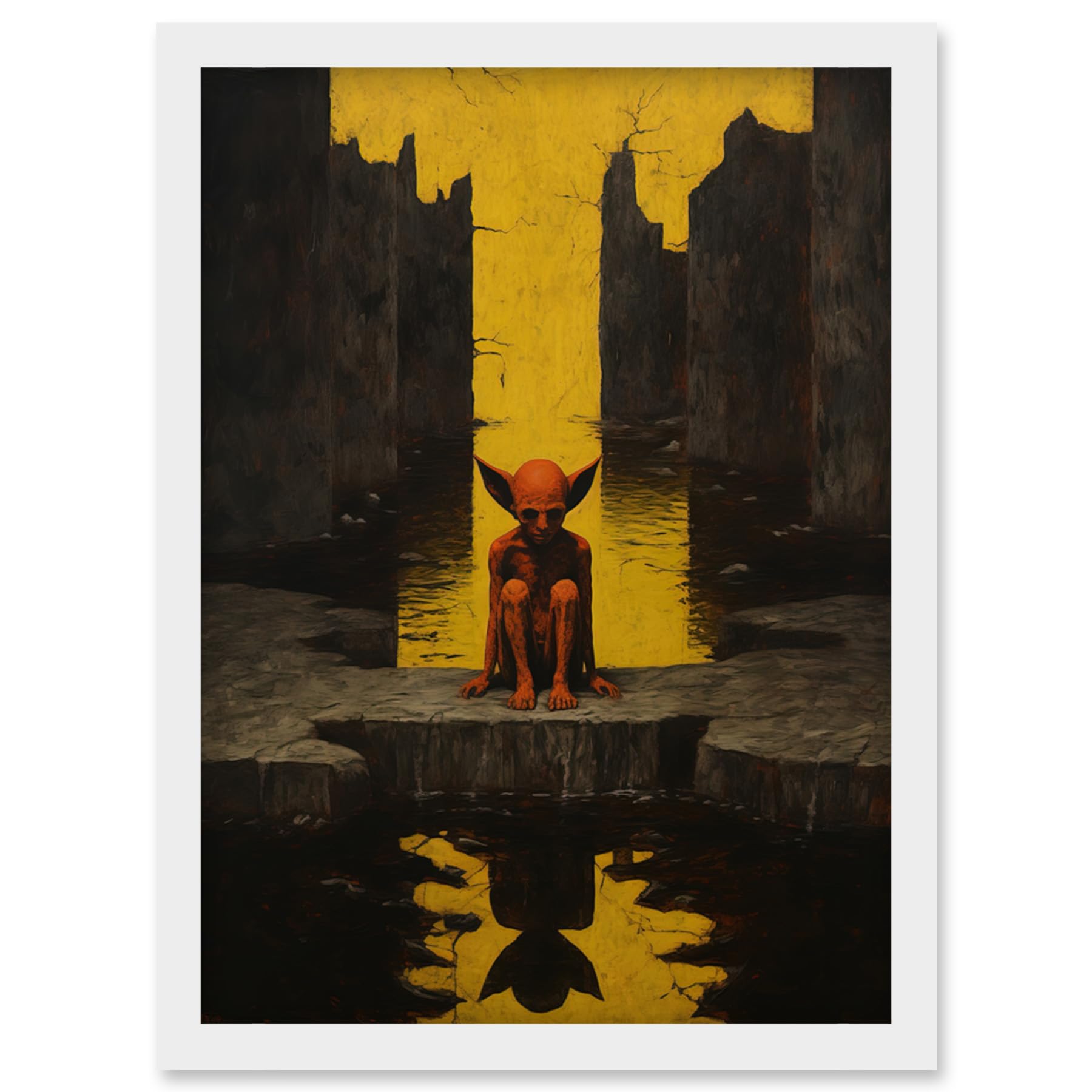 Nosferatu Lair Conceptual Art Print - Oil Painting Yellow Sky Castle Ruins Red Demon Water Reflection - Framed A4