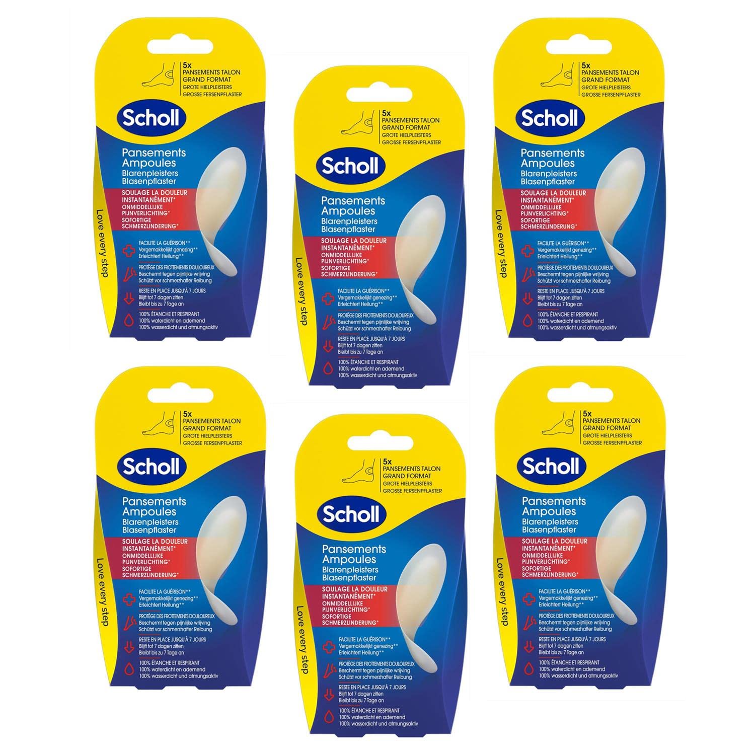 SCHOLL Lot de 6 Etuis de 5 Pansements Ampoules Grand Format spécial Talon