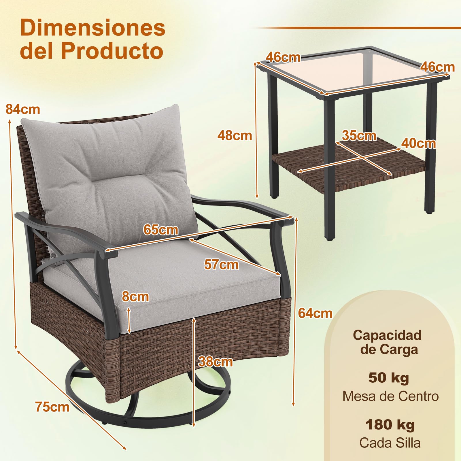 COSTWAY Conjunto Jardin Exterior de Ratan 3 Piezas, 2 Mecedoras de 360 Grados, 1 Mesa Auxiliar de Vidrio Templado 2 Niveles, Cojines, Mesa y Sillas Jardin Terraza Balcon