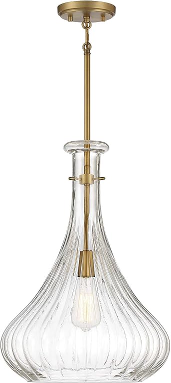Savoy House 7-2265-1-322 Bristo Industrial Clear Fluted Glass Pendant, 1-Light 60 Watt, 20" H x 14" W, Warm Brass