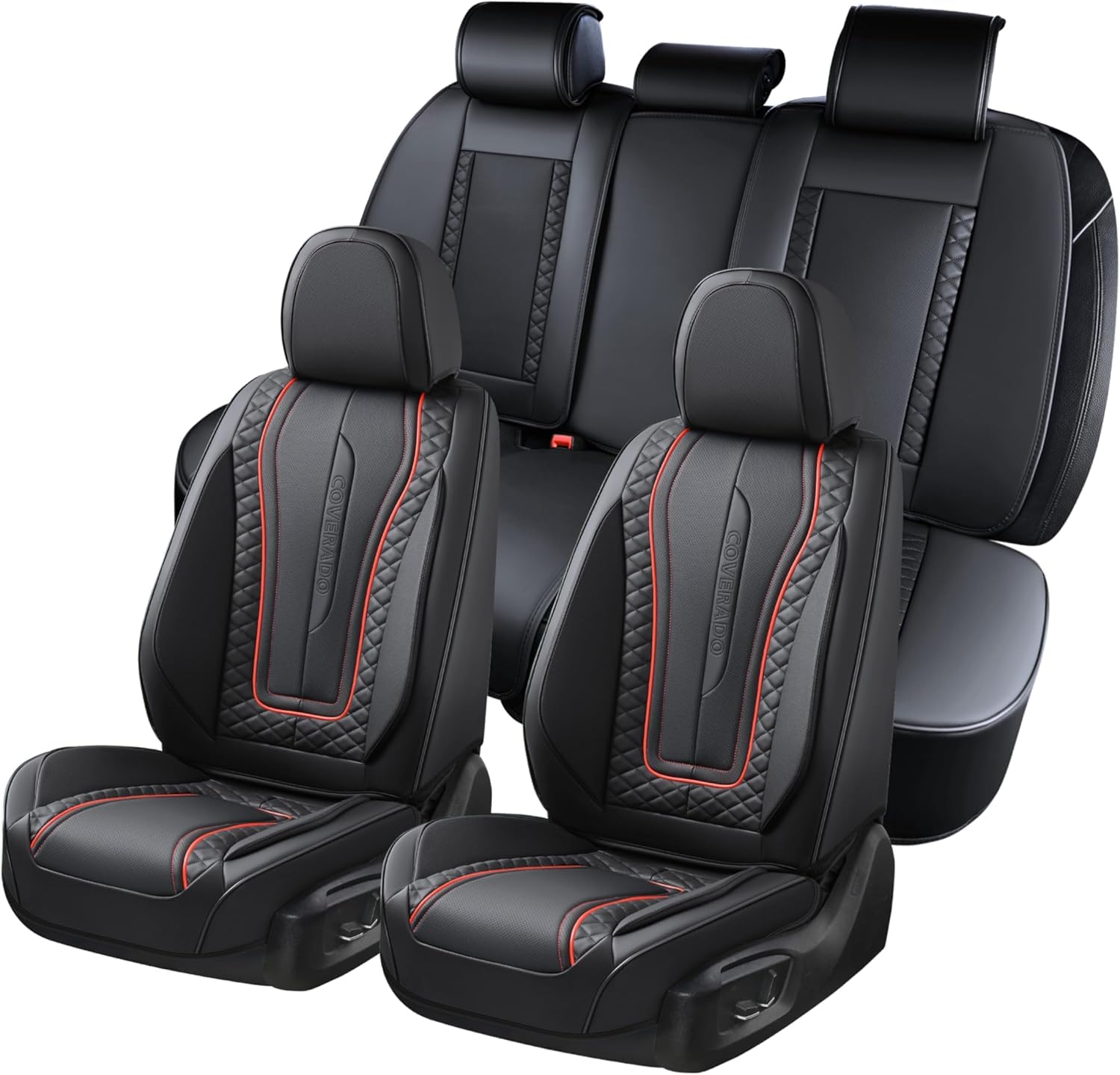 Coverado Car Seat Covers Full Set, Leather Seat Coversfor Cars, Front and Back Seat Covers, Waterproof Car Seat Protectors Car Seat Cushions Universal for Most Vehicles, Black&amp;Redline