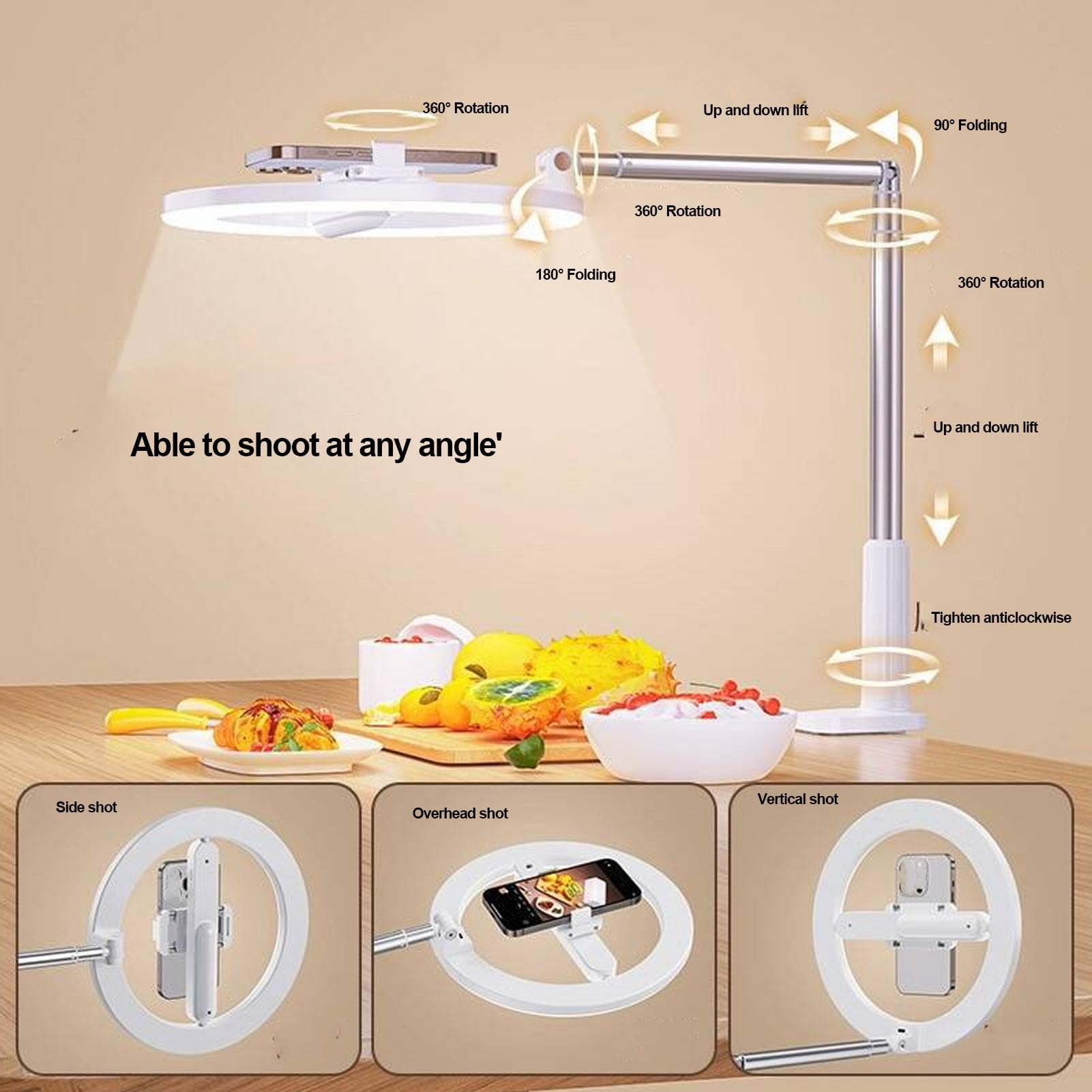 Anello luminoso con supporto per telefono sopra la testa, 5 livelli di luminosità LED regolabile Anello luminoso per selfie con supporto a morsetto e supporto per telefono