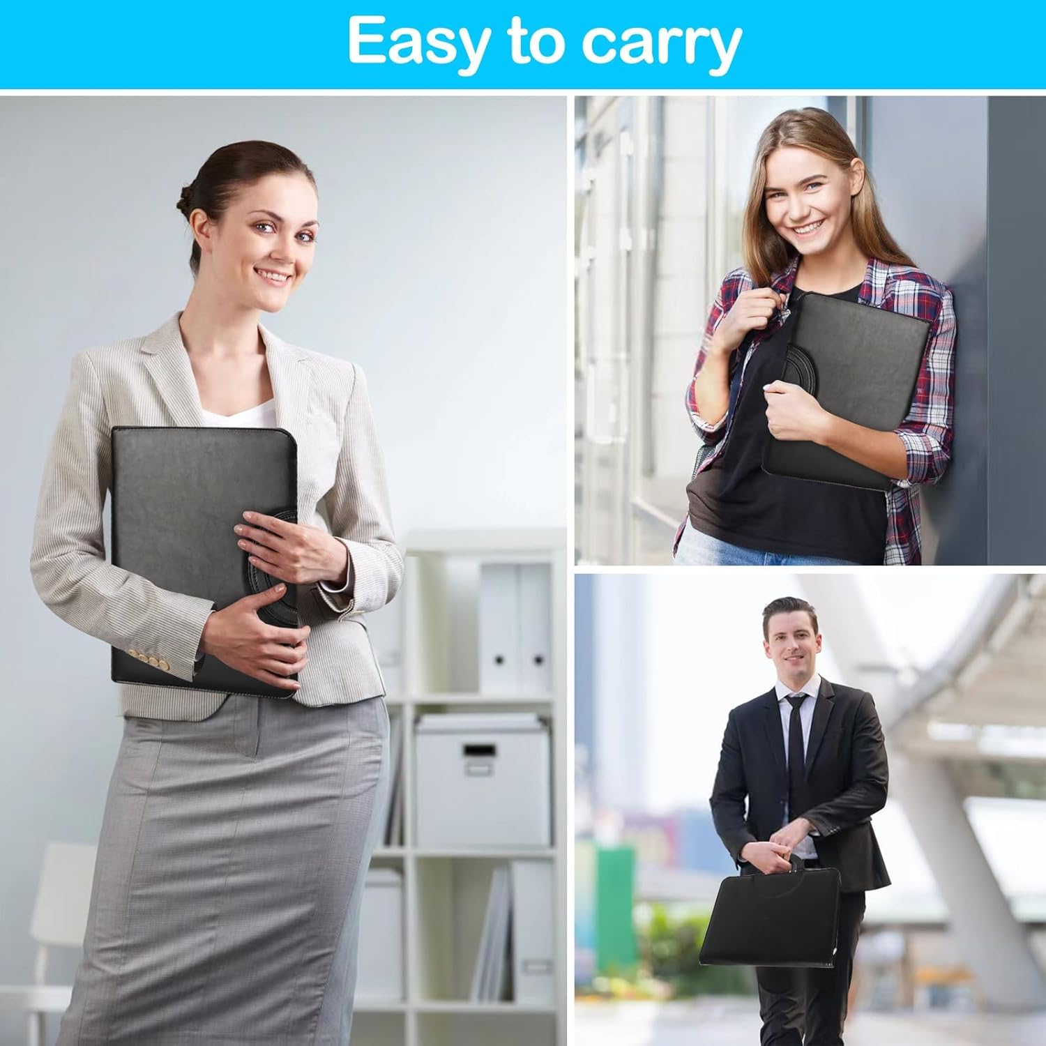 Cartella Portadocumenti A4 in Pelle con Calcolatrice e Cerniera, Portablocchi Organizer – Nero