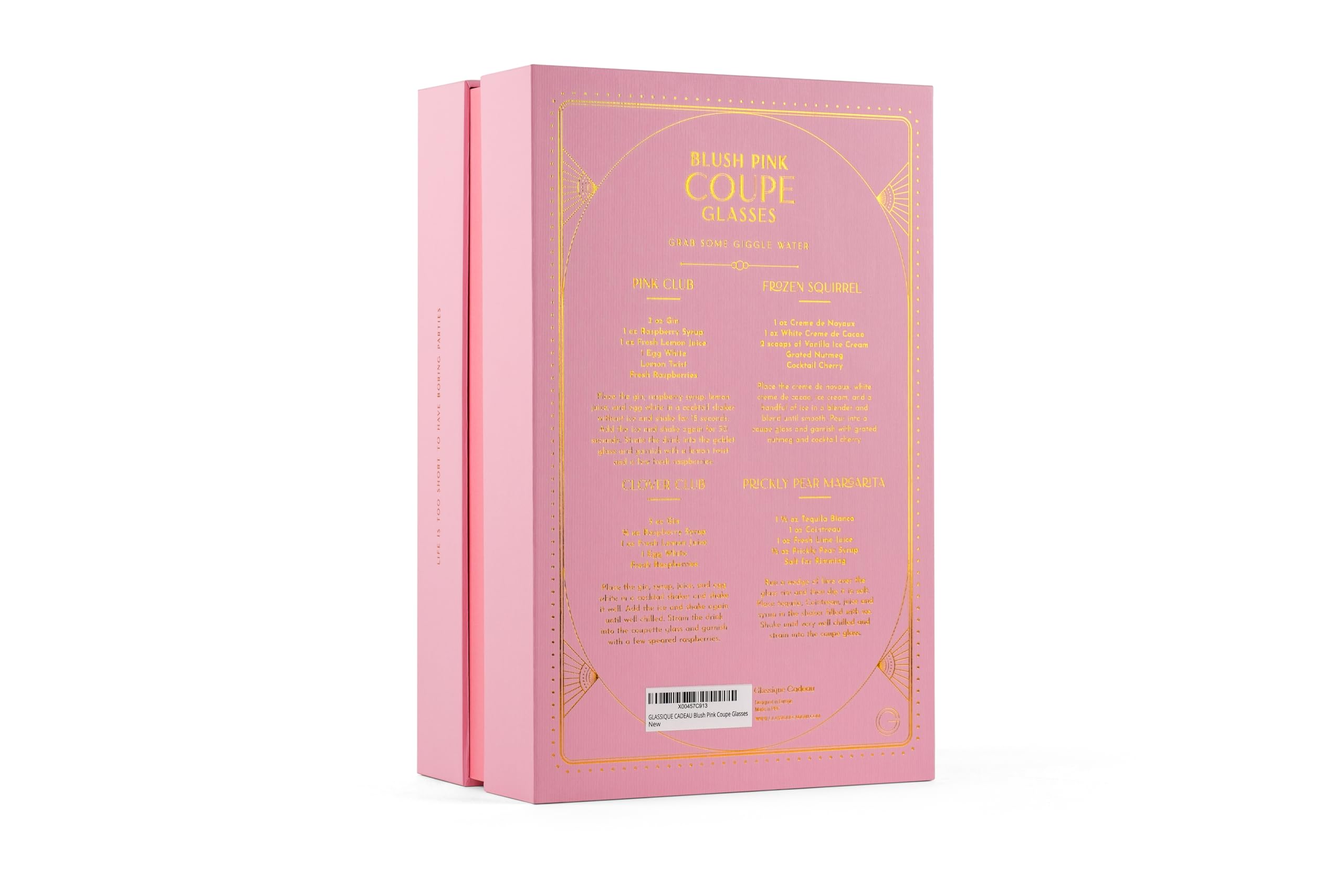 GLASSIQUE CADEAU Vintage Art Deco Blush Pink Coupe Glasses with Gold Rims | Set of 4 | 7 oz Crystal Ribbed Cocktail Glassware for Drinking Champagne, Martini, Cosmopolitan | Girly Speakeasy Saucers