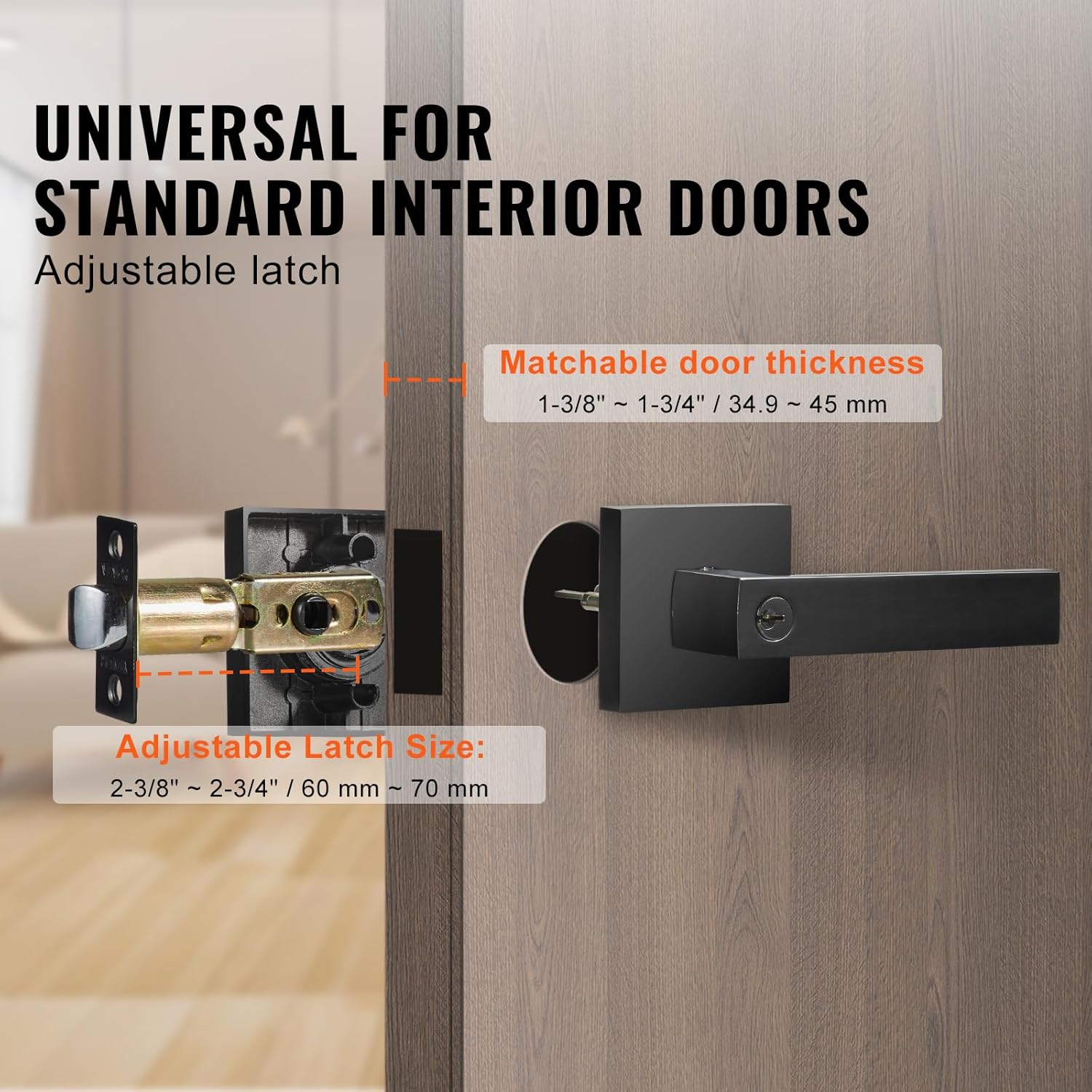 VEVOR Entry Lever Door Handle, 2 PCS Black Entry Knob, Lock and Key Locking Set, Contemporary Square Door, Reversible for Right and Left Sided Doors, 45° Rotation to Open, for Front Door