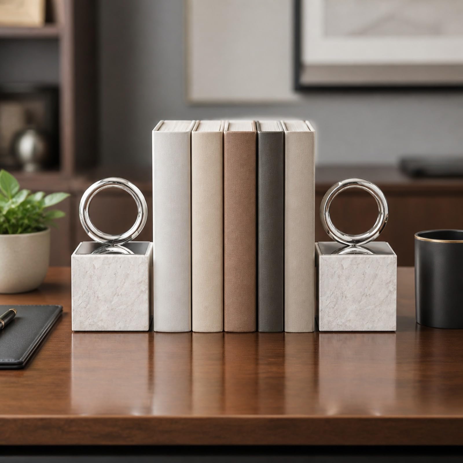 Elegant Buchstützen mit Metallbasis | Schwerer Marmorsockel, geometrische Form, Buchstopper, für Arbeitszimmer, Büro, Bücherliebhaber, Ästheten