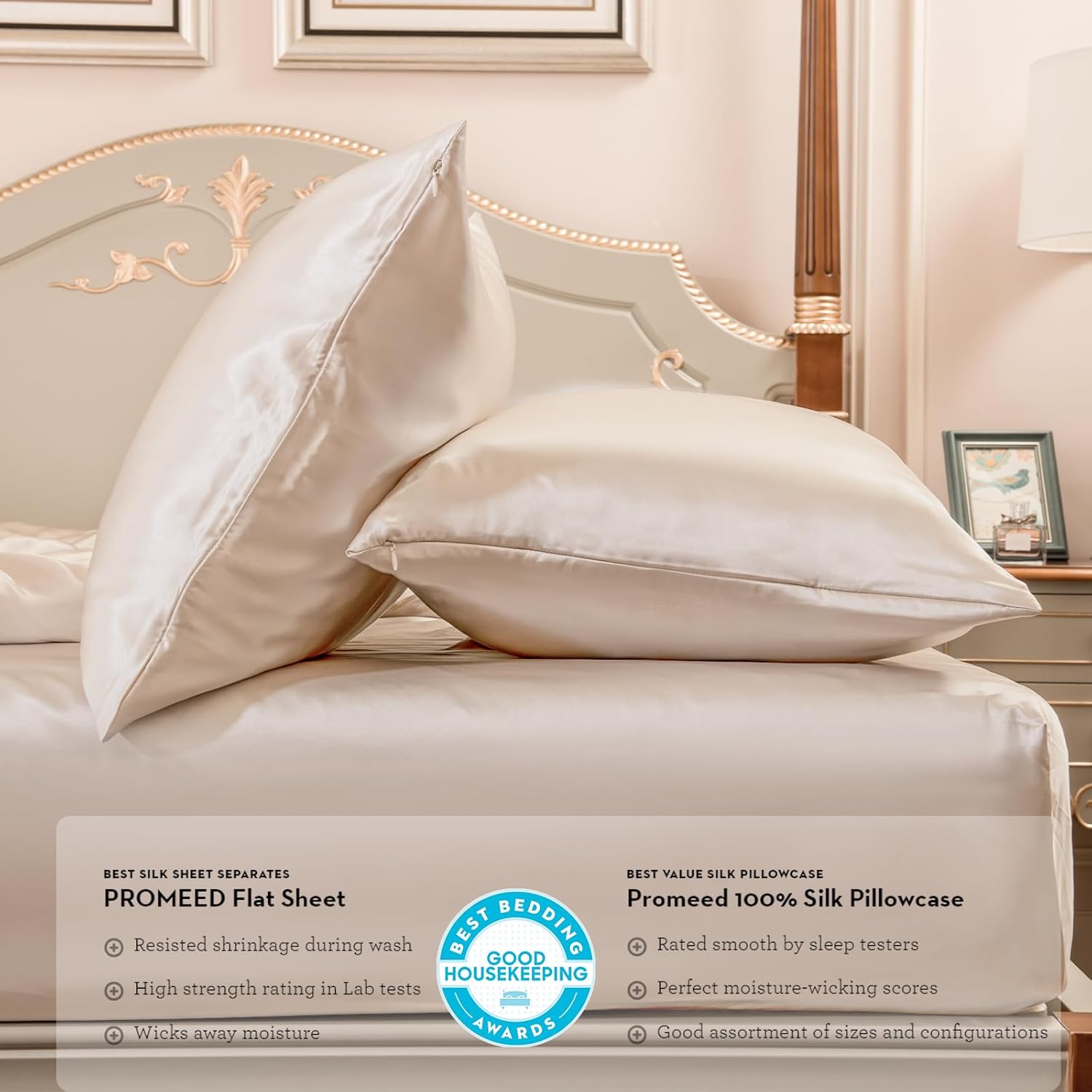 PROMEED 23mm Silk Queen Size Fitted Sheet ONLY, 100% New 3rd Gen 23 Momme 100% Mulberry Silk Bed Sheet 1pc with 16-Inch Deep Pocket (Champagne, Queen)