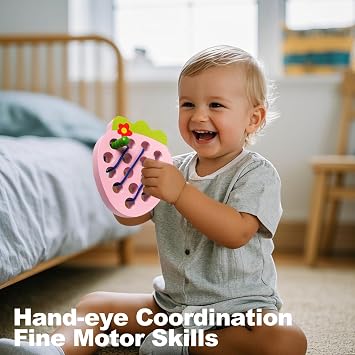 Wooden Lacing Toys for Kids,Strawberry Threading Learning Fine Motor Skills,Montessori Sensory Educational Wooden Pattern Block Puzzle Travel Gift for 3 Years Old Baby Boys Girls