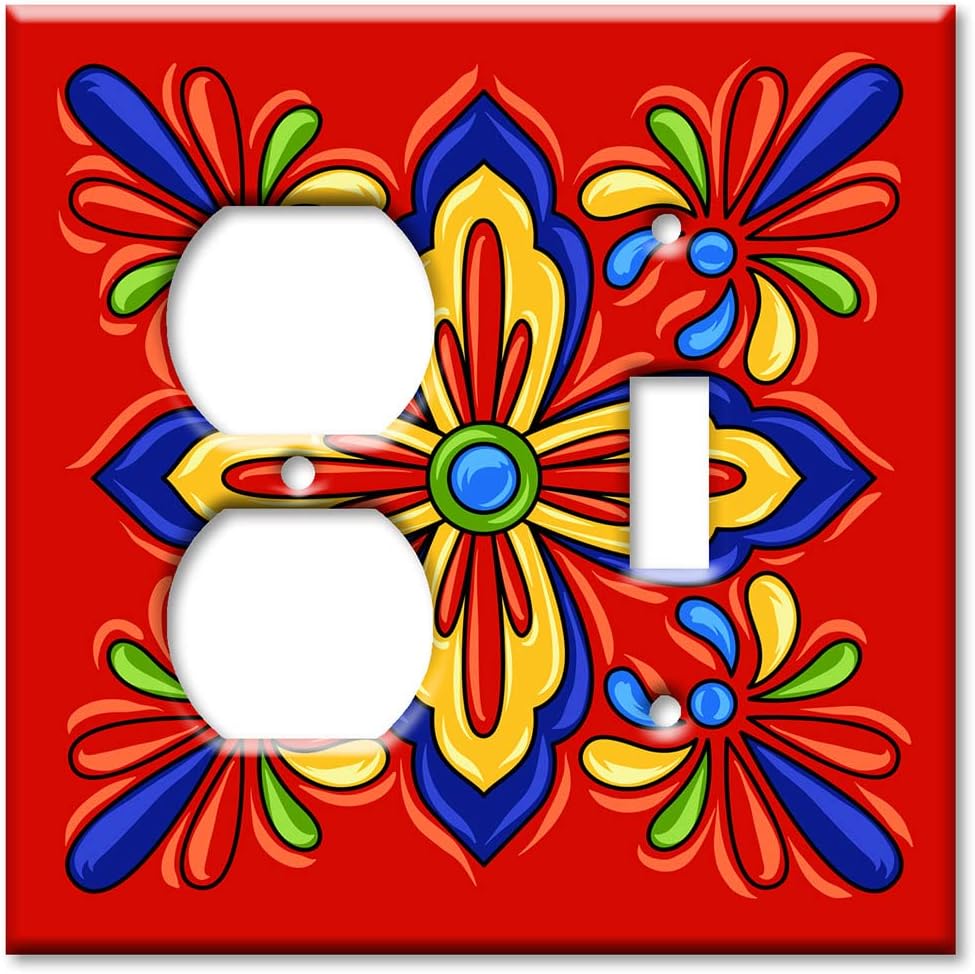 Art Plates - Decorative Light Switch Plate Cover Plate - Decorative Metal Wall Plate - Combo: Outlet - Toggle - Red Mexican Talavera Tile (PRINTED IMAGE) - (Made in USA)