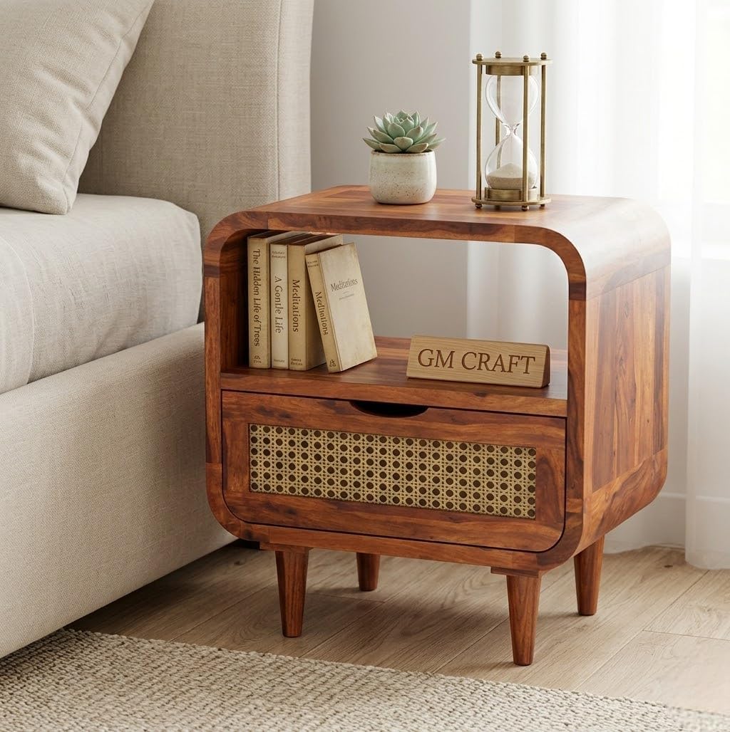 Sheesham Wood Bedside Table for Bedroom with Drawer & Open Shelves Storage - Wooden Bedside Table with Drawer Storage Nightstand End Table for Living Room Sofa Side Table (Design 19)-picture-18