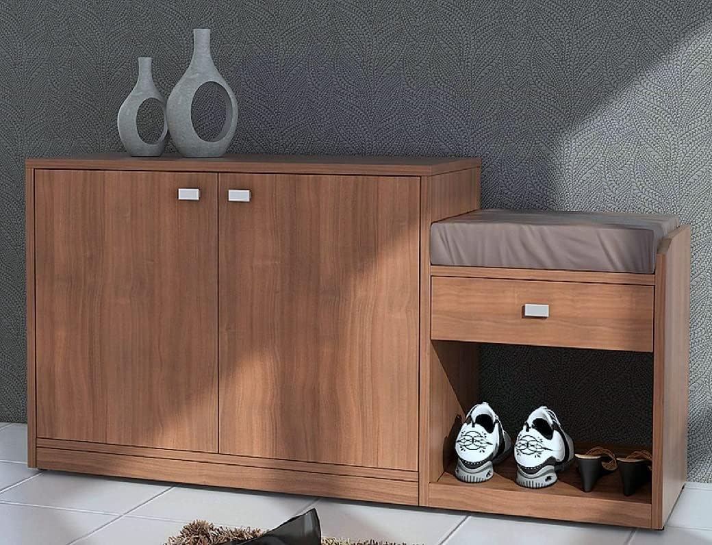 DesignFit Engineered Wood Shoe Cabinet with 1 Drawer Storage and Cushion Seat Wooden Shoe Rack for Home and Office (Brown Finish) (B0C2YS13YX) Amazon Price History, Amazon Price Tracker
