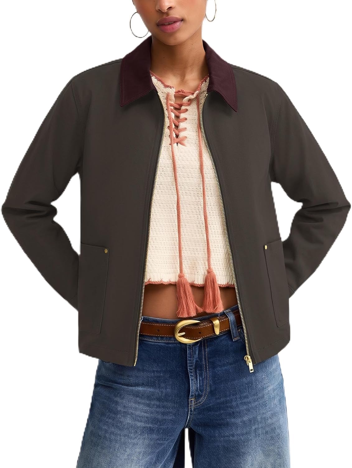 Micoson Womens Cropped Barn Jacket Zip Up Lightweight Coat with Pockets