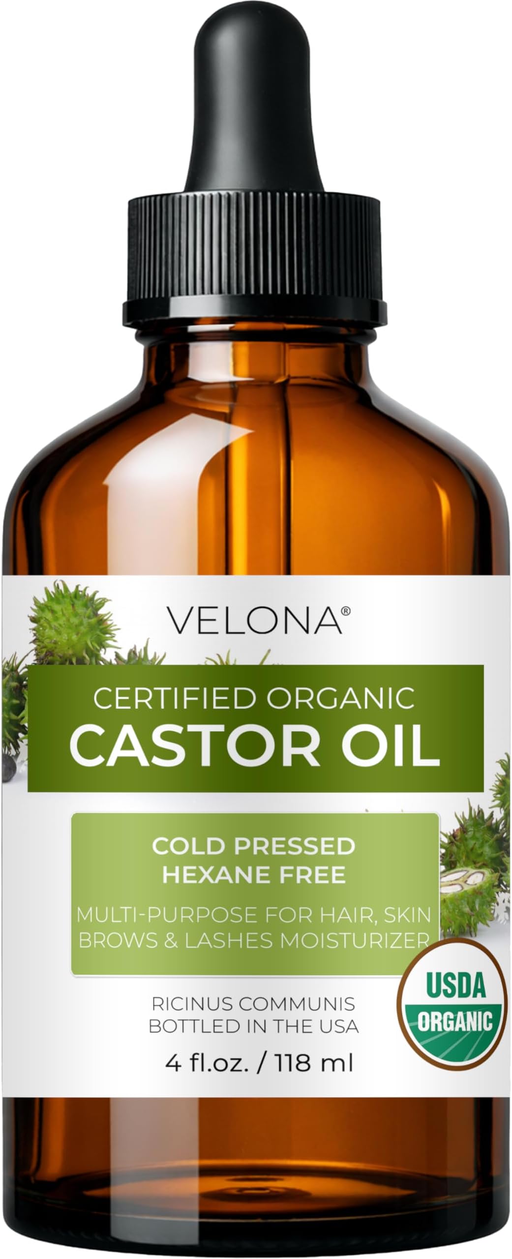 USDA Certified Organic Castor Oil - 4 fl oz (With Dropper) | For Hair, Boost Eyelashes, Eyebrows | Cold pressed, Natural Oil USP Grade | Hexane Free