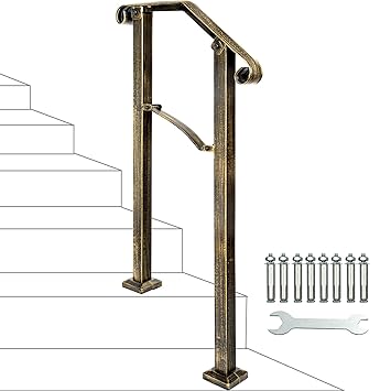 Handrail, Arch 1 Fits 1 to 2 Steps Stair Rail Mattle Wrought Iron Handrail Strair with Installation Kit Hand Rails for Outdoor Steps,Antique Bronze