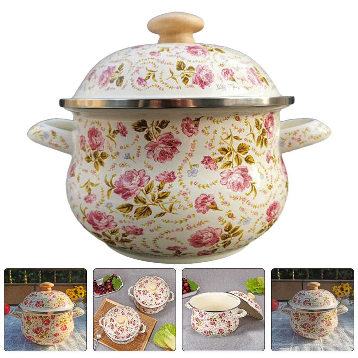 Sosoport Pentola per Zuppa Domestica Smaltata 18 CM a Fondo Piatto Doppio Manico Pentola da Cucina Pratica per Pasta Riso e Brodo Adatta Uso Casalingo