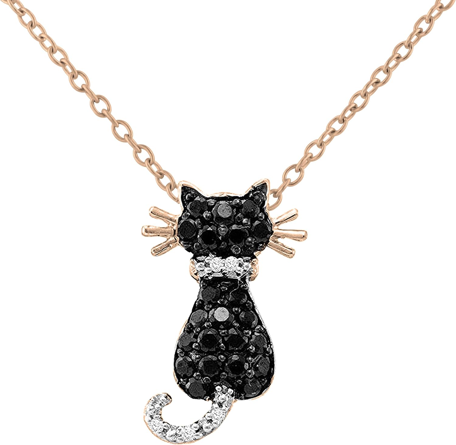Dazzlingrock Collection 0.40 Ctw Round Black and White Natural Diamond Kitty Cat Feline Animal Pendant, in Real Solid Gold