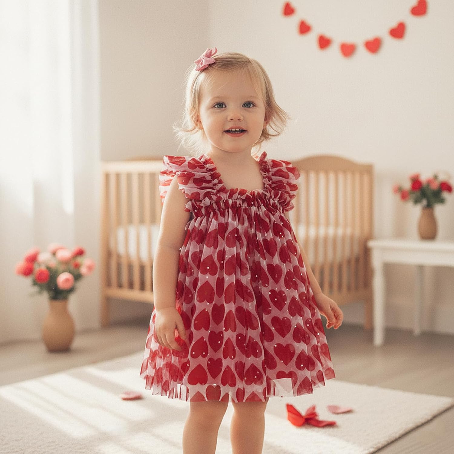 Toddler Baby Girl Valentines Day Tutu Dress Red Heart Print Sequin Embellishments Tulle Dress with Ruffled Straps image 5