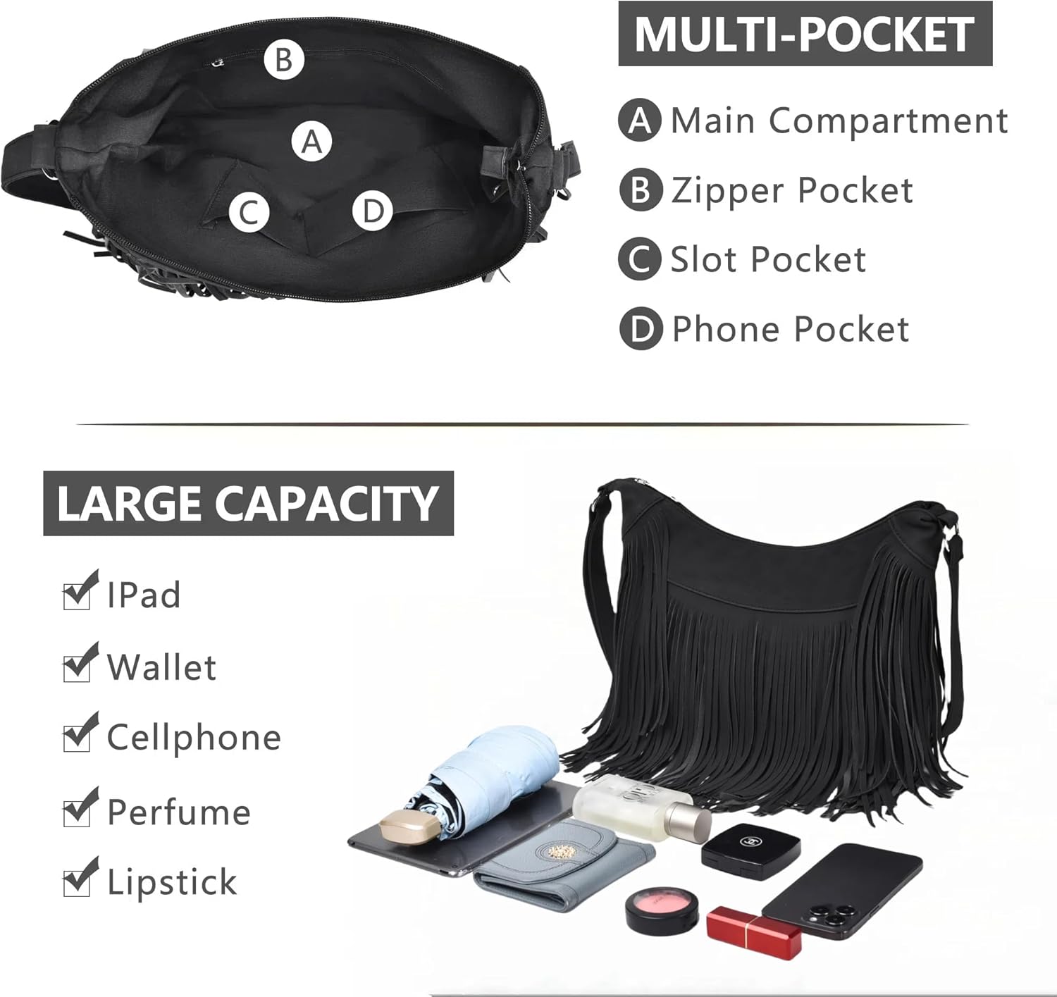 Fringe Hobo Bags for Women Vintage Suede Crossbody Bag Hippie Western Cowgirl Purses Tassel Shoulder Bag - Image 3