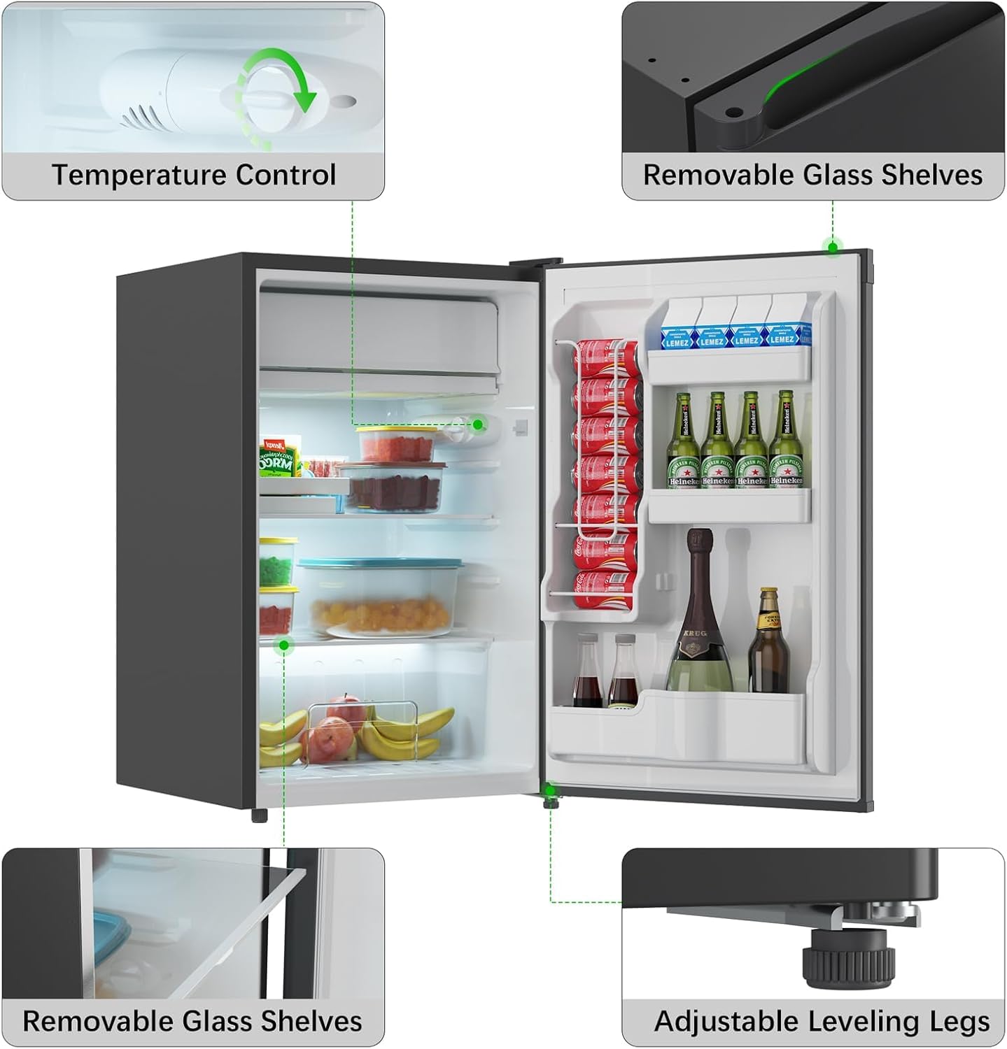 4.4 Cu. Ft Mini Fridge With Freezer - Spacious Interior, Adjustable Glass Shelves, Crisper Drawer, Reversible Door, and Silent Operation, Perfect for Dorms and Small Space Black