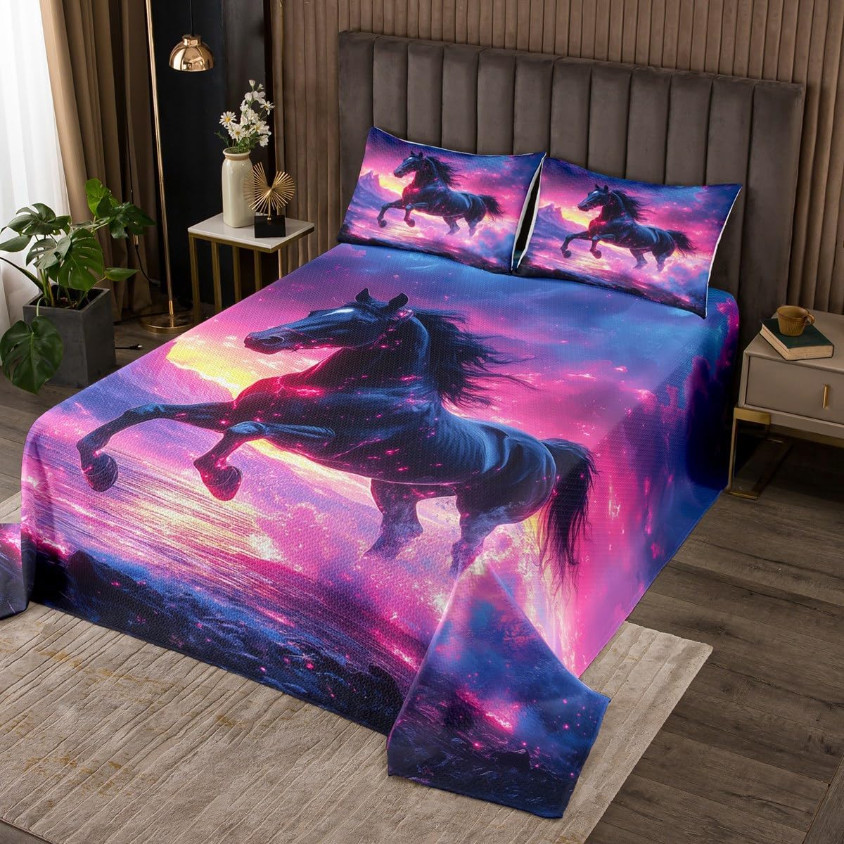 Manfei Horse Kids Bedspread Queen Size,Animal Glitter Sea Shining Coverlet Set,Girls Boys Room Decor,Dreamy Fsntasy Bright Quilted Coverlet,Pink Purple Bedding Quilt,2 Pillowcases