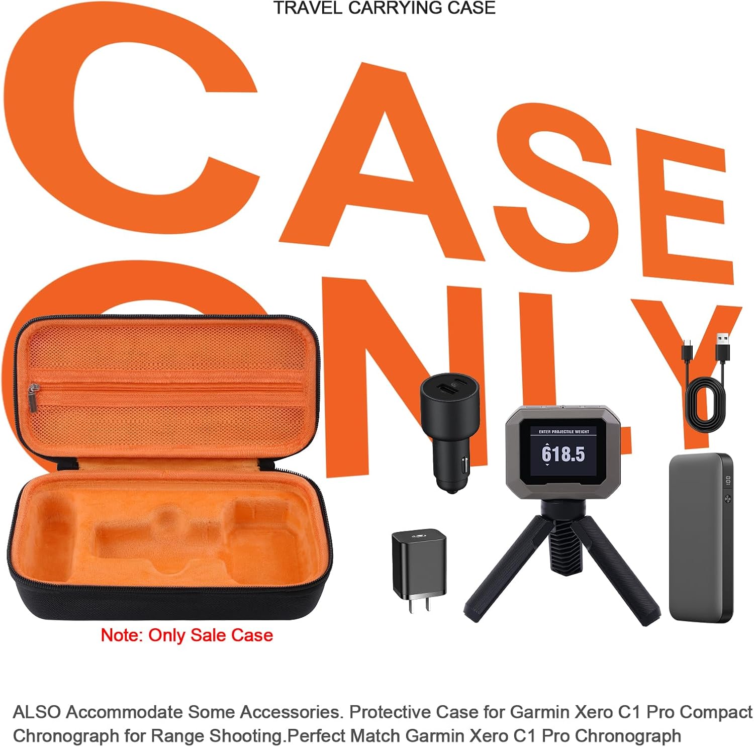 Travel Bag for Garmin Xero C1 Pro/Xero C2 Chronograph, Lightweight Case with Mesh Pocket for Charging Cable & Tripod, Shockproof Organizer for Shooting Range (Orange, Case Only)