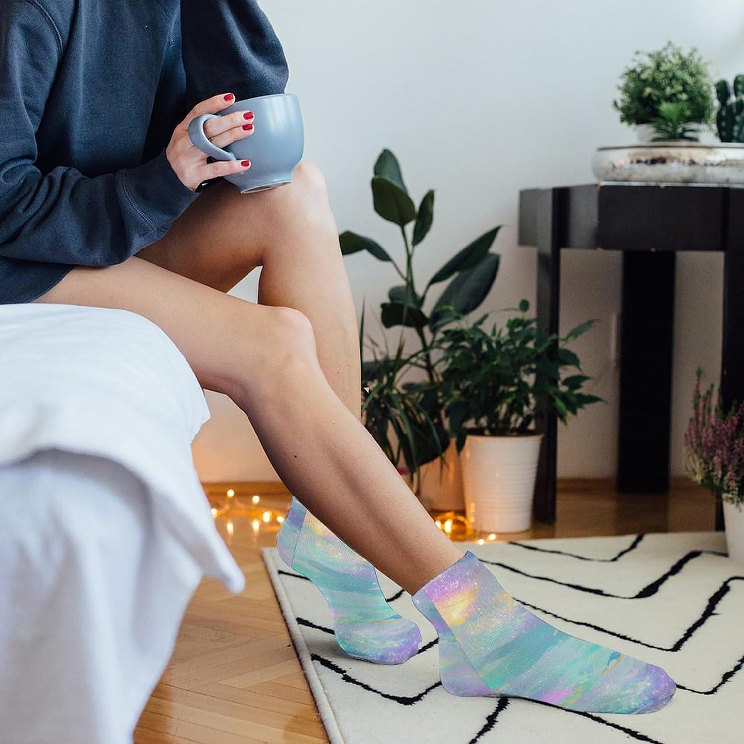Rainbow Shining Marble Neon Glitter No Show Ankle Socks Low Cut Non Slip Flat Boat Line 5 Pairs Set