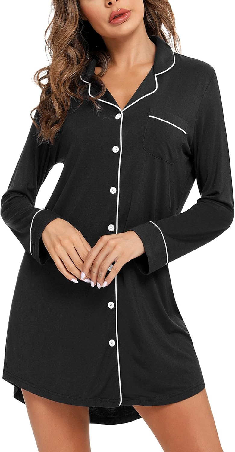 Samring パジャマ ナイトガウン 女性用 ショート/長袖 ボタンダウンナイトウェア トップ ボーイフレンド スリープシャツ ナ