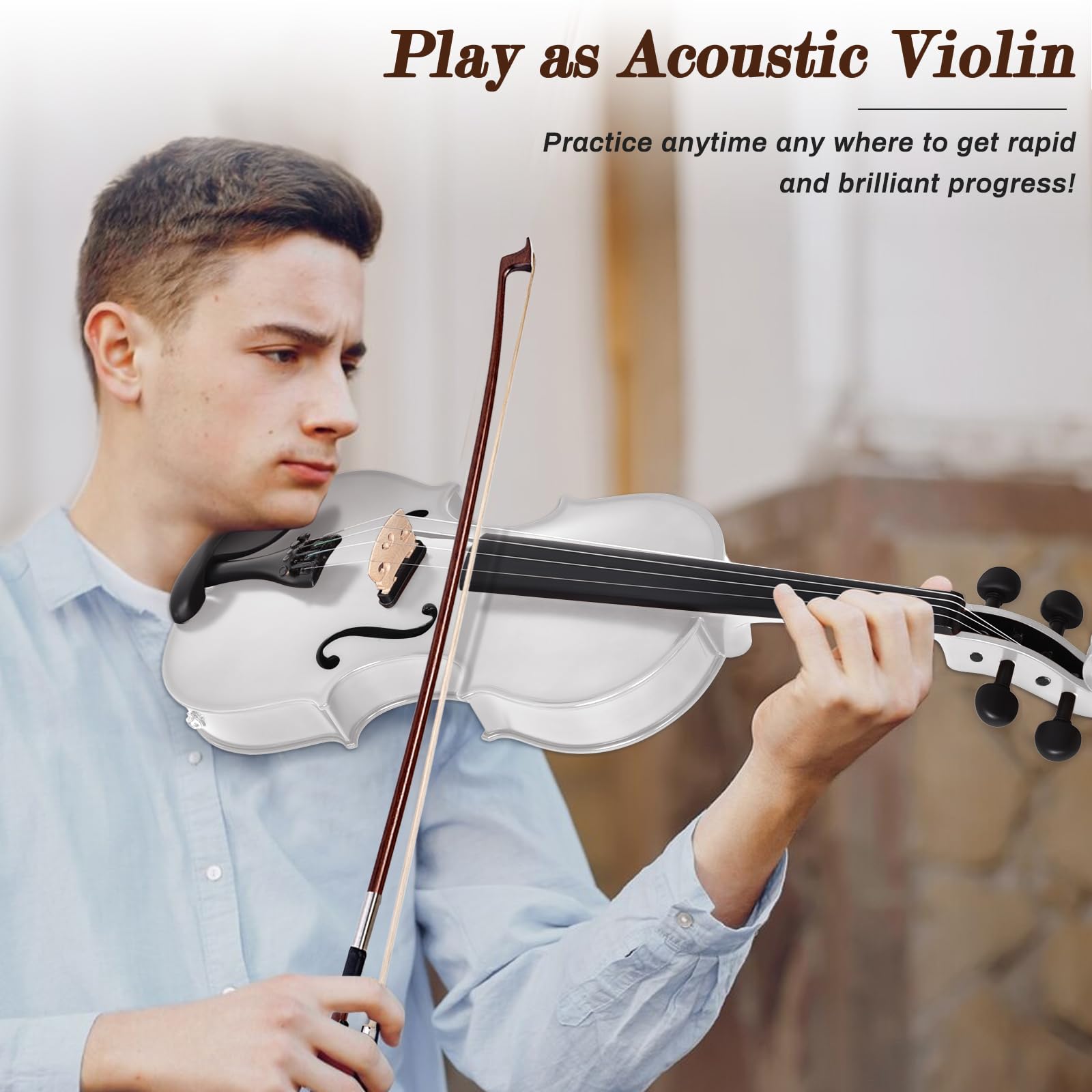 Violino elettrico/acustico con accessori in ebano con custodia per il trasporto, archetto per violino, ponte, colofonia, spalliera, adesivi, accordatore, istruzioni, artigianato con acero, abete rosso