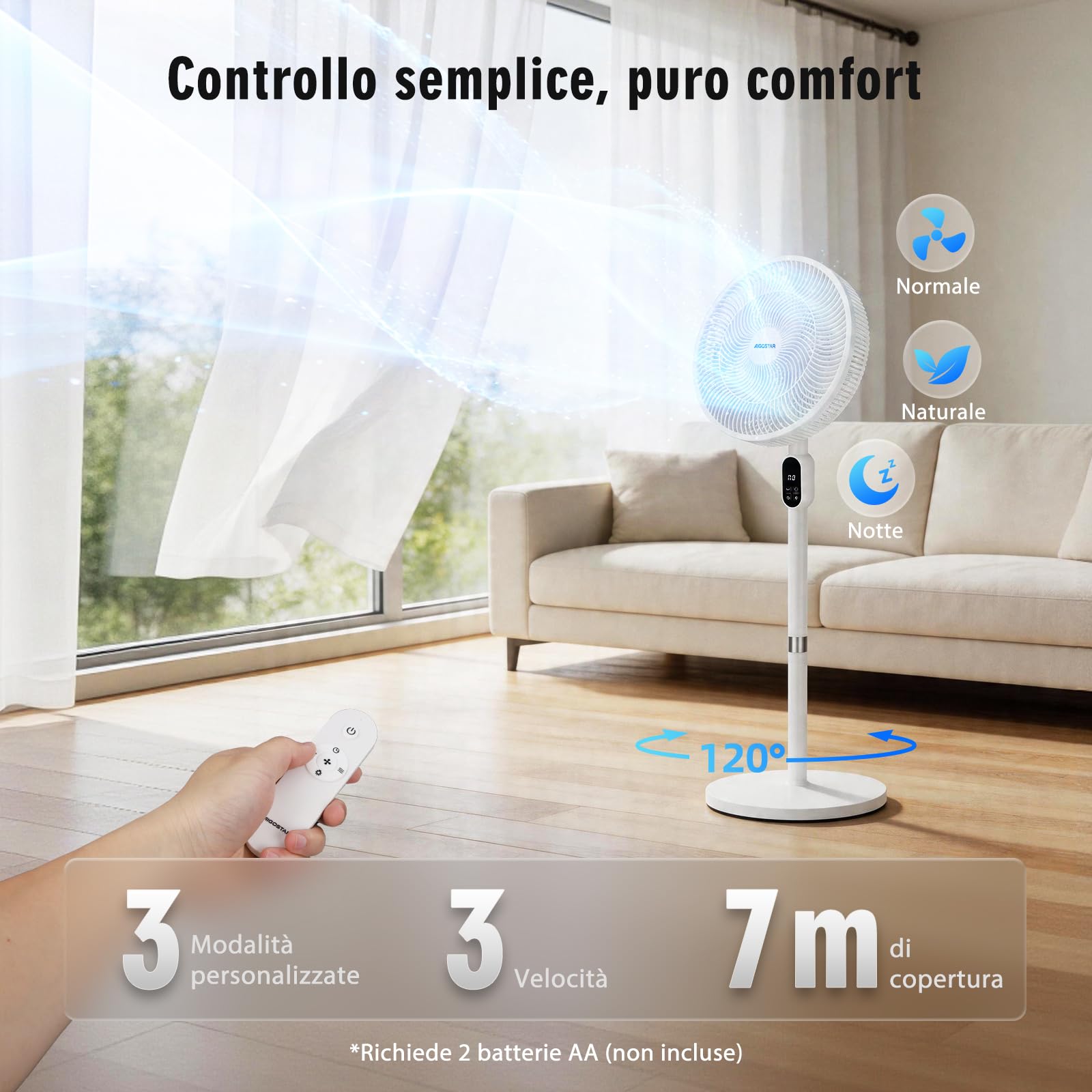 Aigostar Ventilatore a Piantana Silenzioso con 7 Pale, Telecomando, Timer 12H, 3 Velocità e Modalità, Base Circolare Ultra Stabile, Altezza Regolabile 91/125cm, 50W, per Casa e Ufficio, Bianco