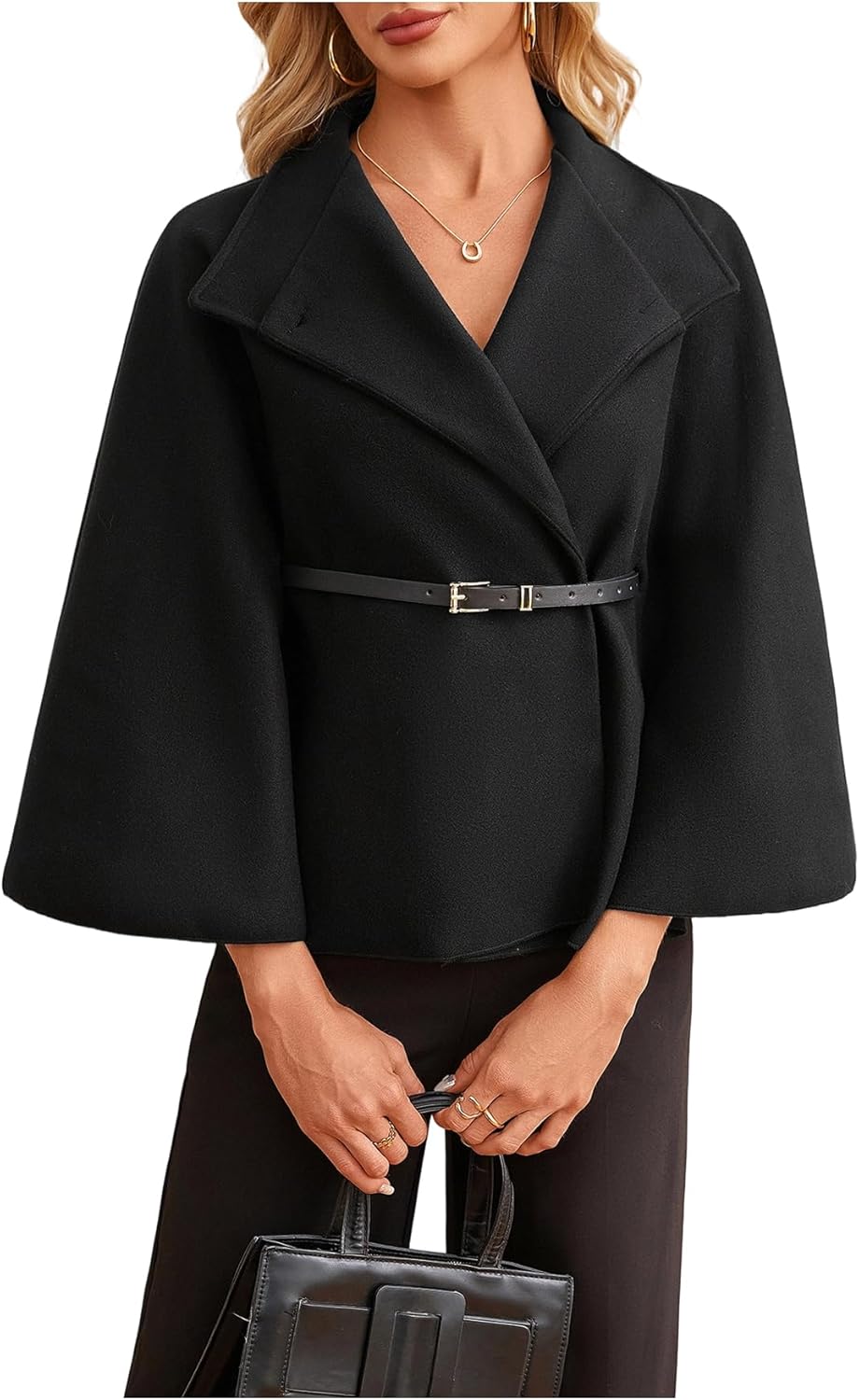 MakeMeChic Women's Poncho Pea Cape Coat Mock Neck 3/4 Sleeve Belted Business Jacket Outerwear