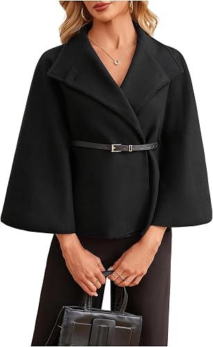 MakeMeChic Women's Poncho Pea Cape Coat Mock Neck 3/4 Sleeve Belted Business Jac