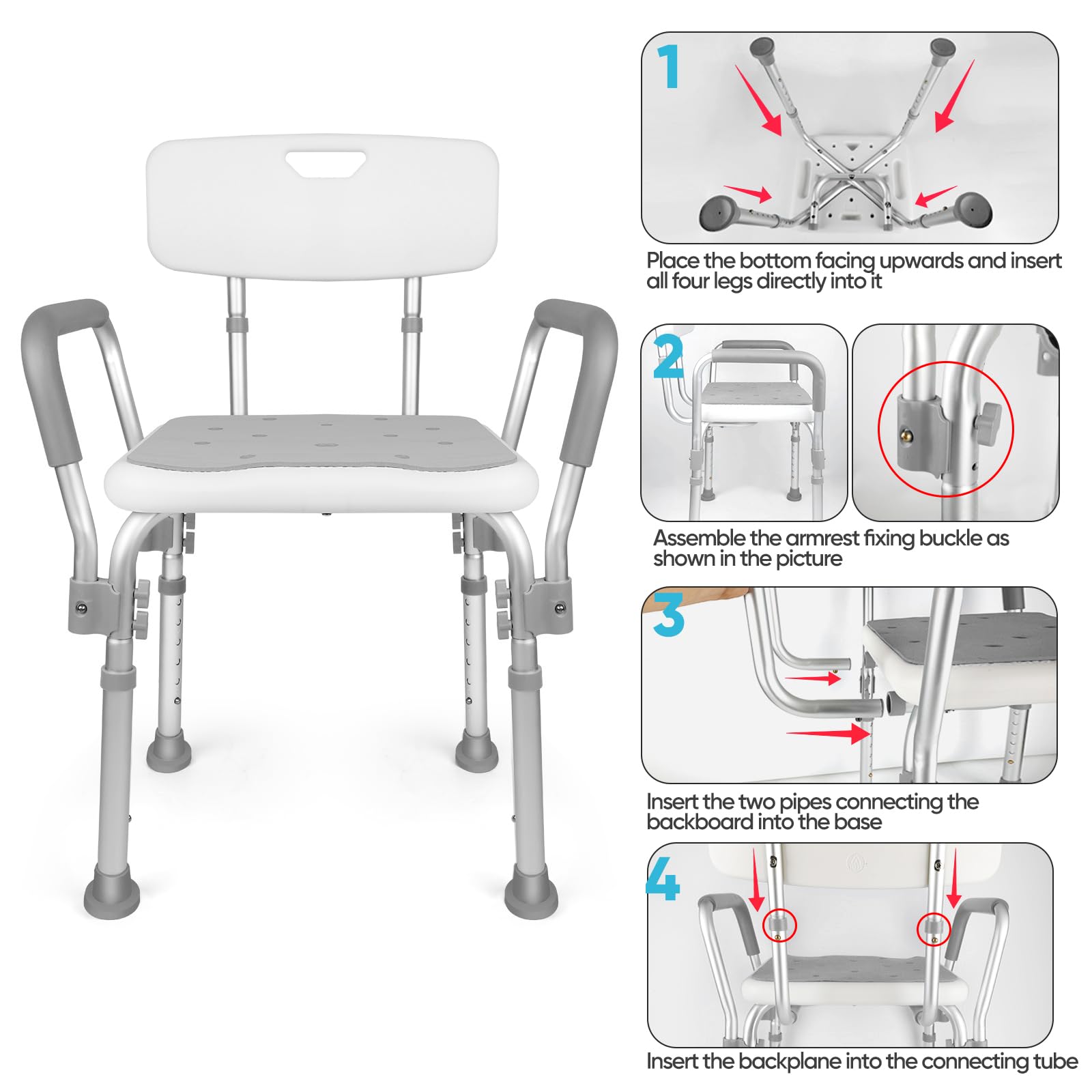 Silla de ducha 2024 con asas acolchadas y silla de ducha resistente, silla de ducha ajustable en 6 niveles de altura para ancianos y discapacitados, silla de ducha antideslizante para bañeras