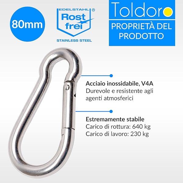Toldoro® 5x Moschettone acciaio inox 8x80mm / Moschettone multifunzione per altalena, campeggio o slackline/Carabiner/Set di moschettoni grande - 2