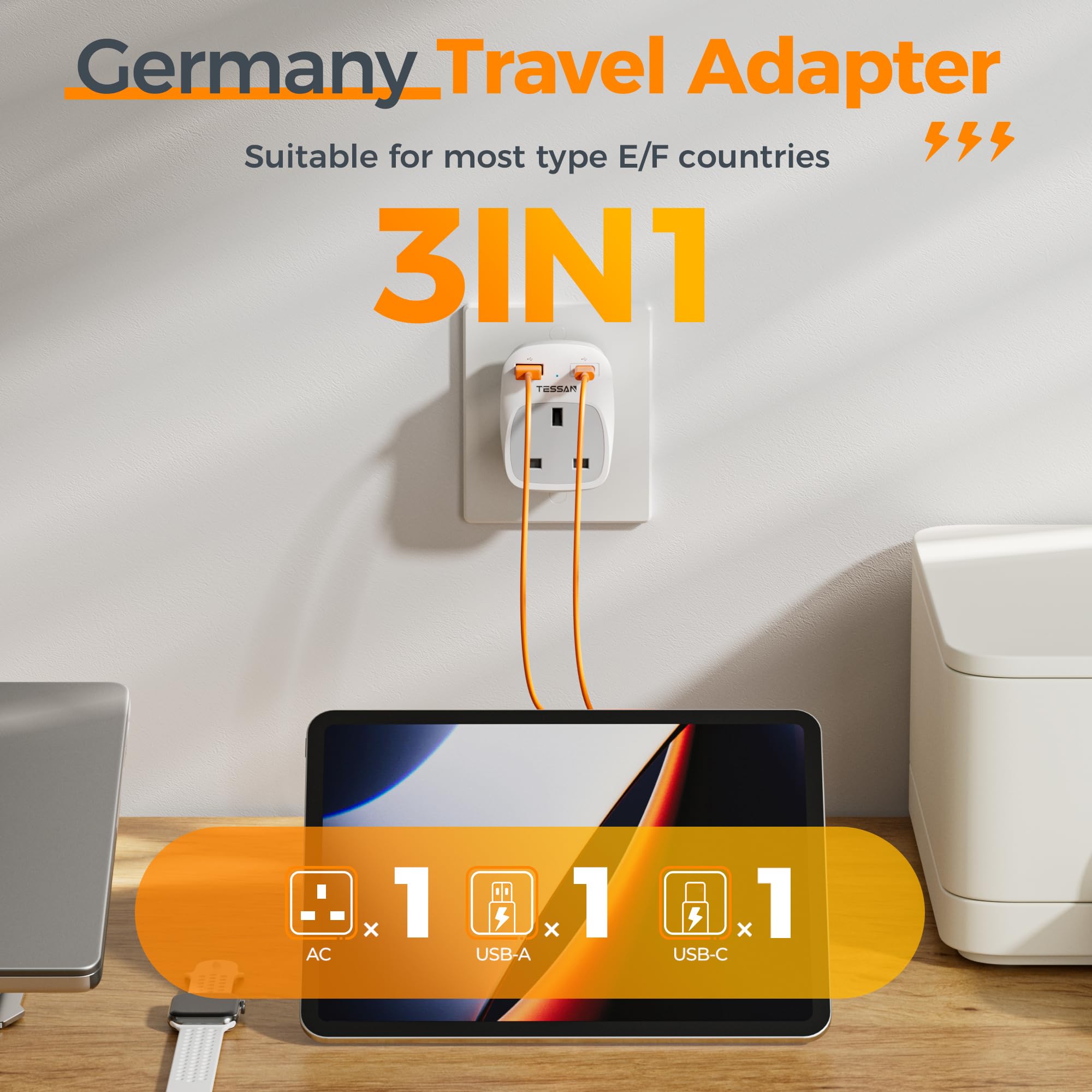 UK to European Plug Adapter 2 Pack, TESSAN Schuko Grounded Euro Plug Adapter with 2 USB Ports (1 USB C), Travel Adaptors UK to EU for Europe Spain Germany France Iceland Poland Russia (Type E F) — view 2