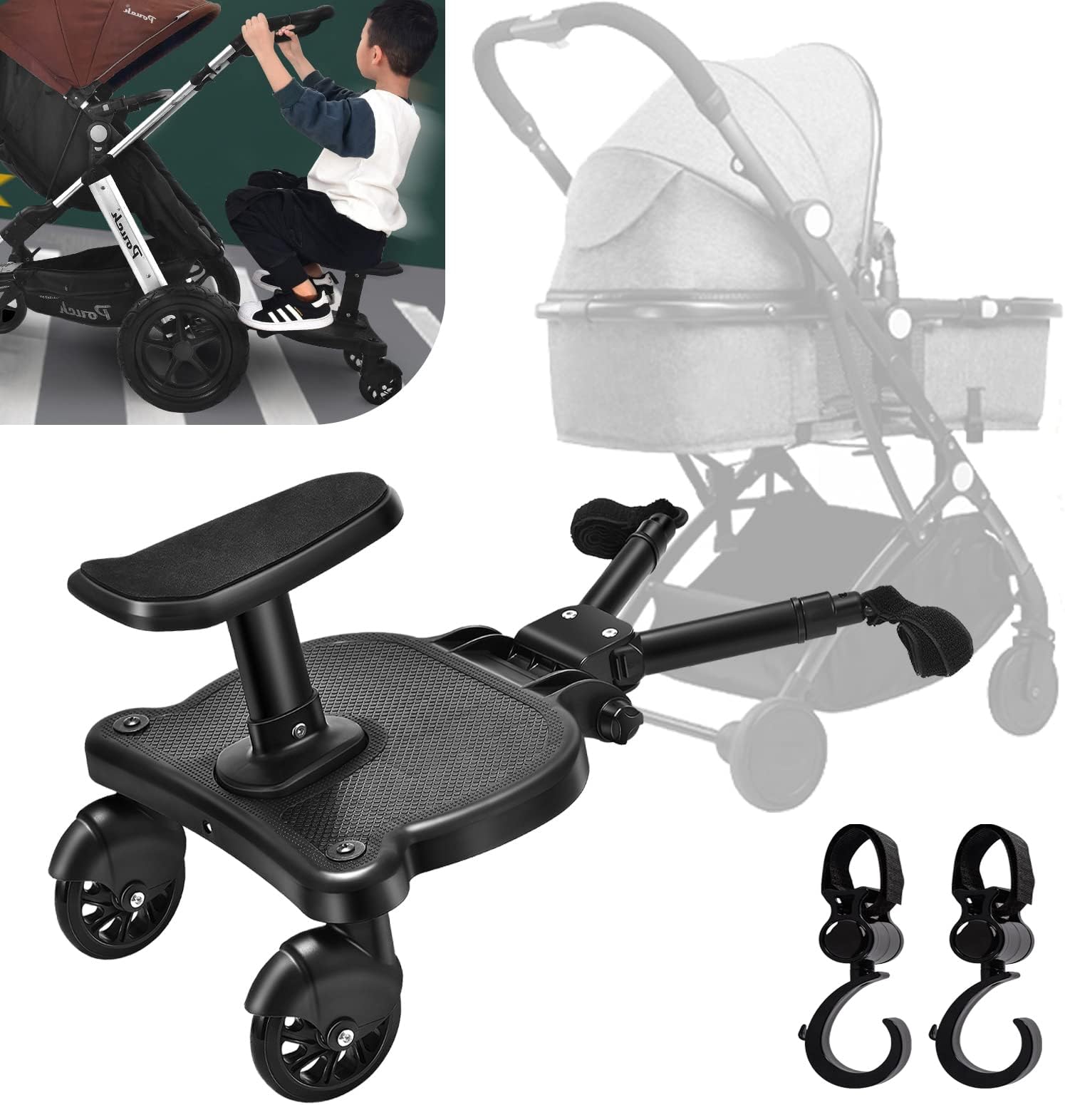 Vihir Universal Buggy Board with Seat, Kiddy Board, Pram Accessory for Children from 2-6 Years (25 kg), Compatible with Almost Every Stroller and Pram, Black, with 2 pram Hooks