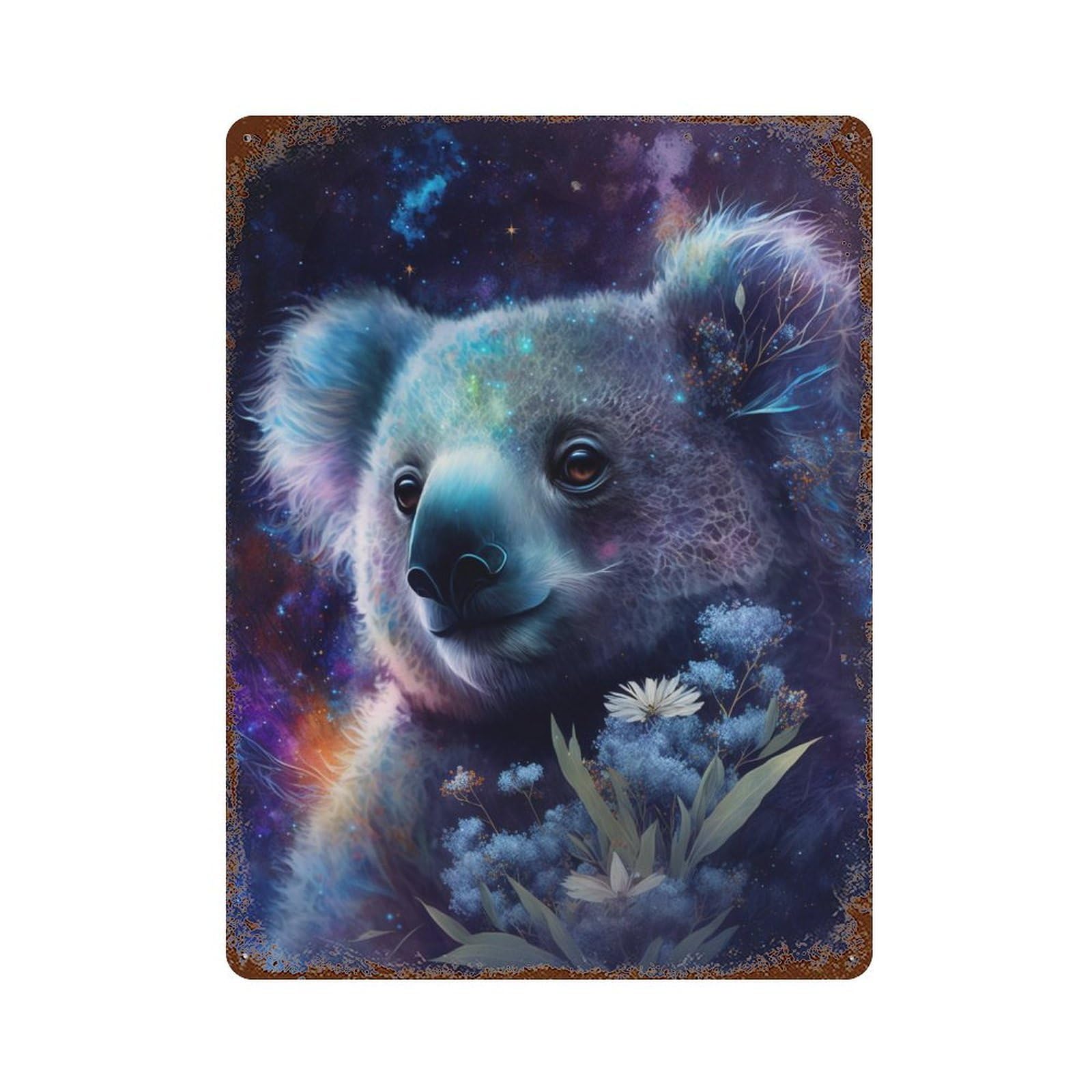 Decorative Tin Sign with Cosmic Koala with Flowers Design 15.7"x11.8", for Basement, Hobby Room And Garage Decor, Farmhouse Wall Decor