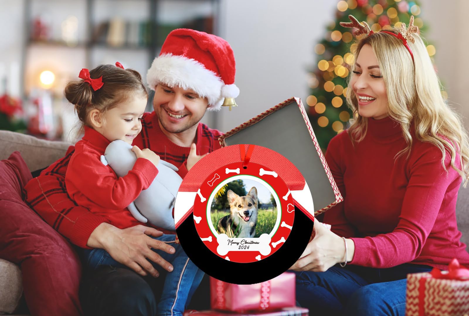 PETCEE Dog Picture Frame Ornaments 2024 Dog Ornaments for Christmas Tree Decorations Personalized Dogs Christmas Picture Frame Puppy Hanging Ornaments Keepsake Gifts for Dog Lover with Gift Box