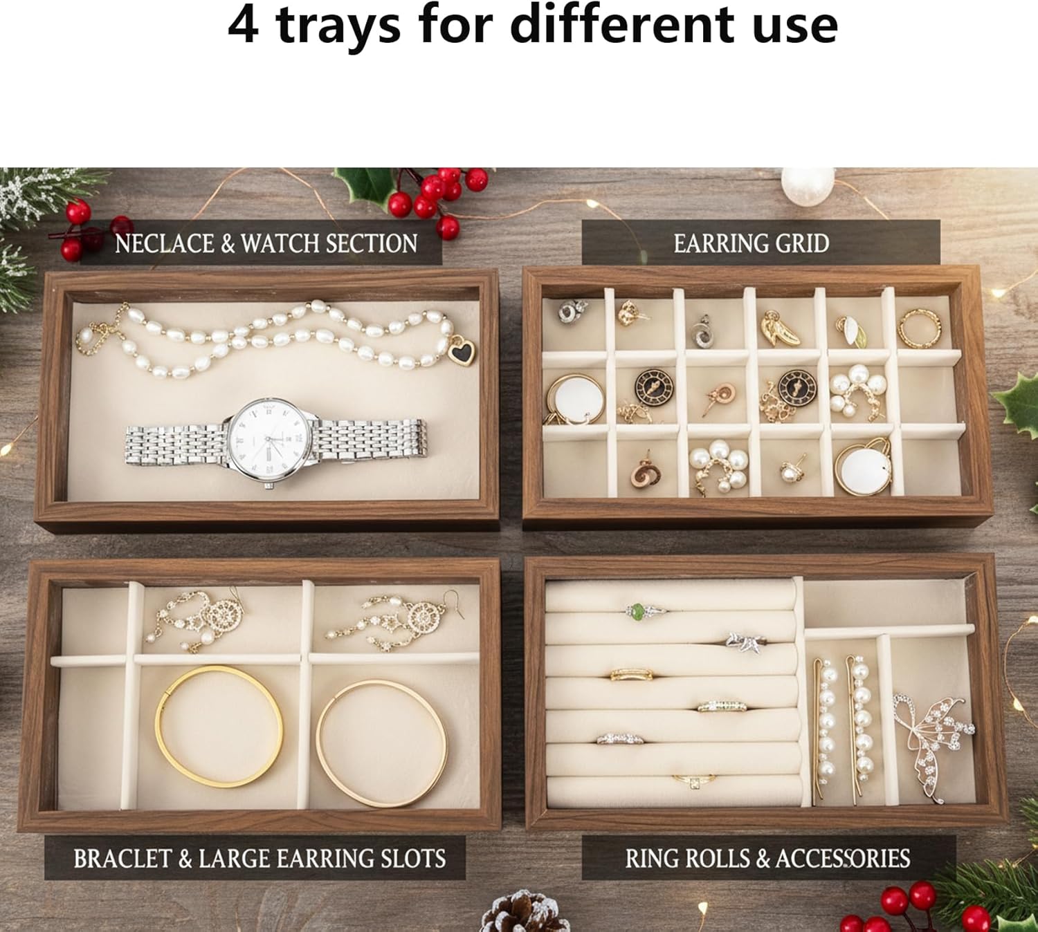 Wooden Jewelry Organizer Trays for Drawer, Stackable Jewelry Drawer Organizer Inserts, Set of 4 Jewelry Storage Flat Stacking Display Case Box for Rings Stud Necklaces(Beige)
