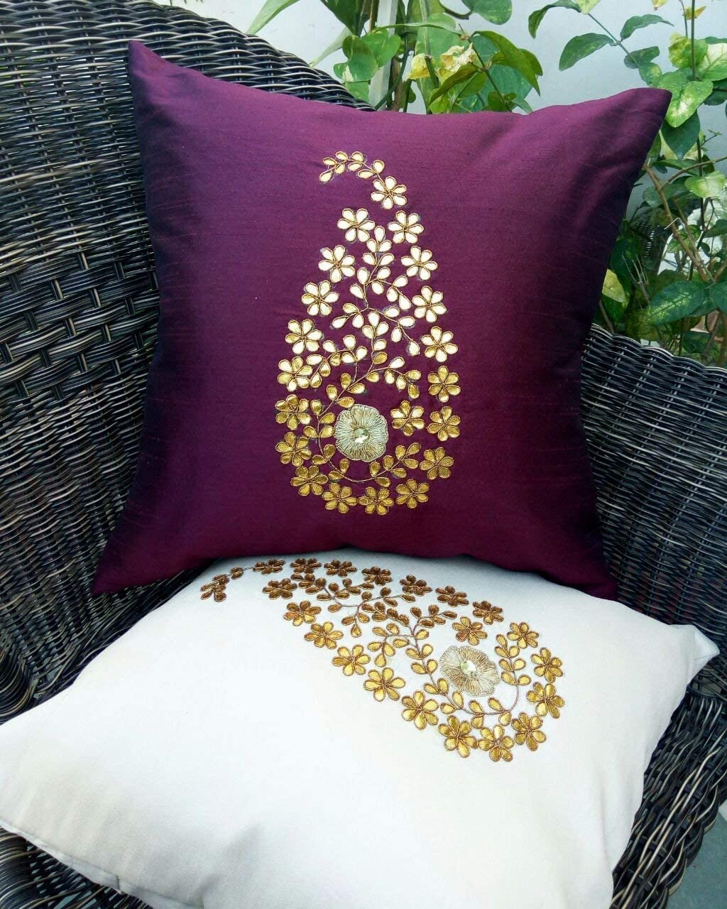 Royal DecoFurnishing Golden Paisley Leaf (Raw Mango/Ambi/Kairi) Gota Patti Hand Embroidered Cushion Covers (Ivory Wine Combo, 24"x24" inches, 60x60 Cms) - Set of 2 (B07MXRJKDN) Amazon Price History, Amazon Price Tracker