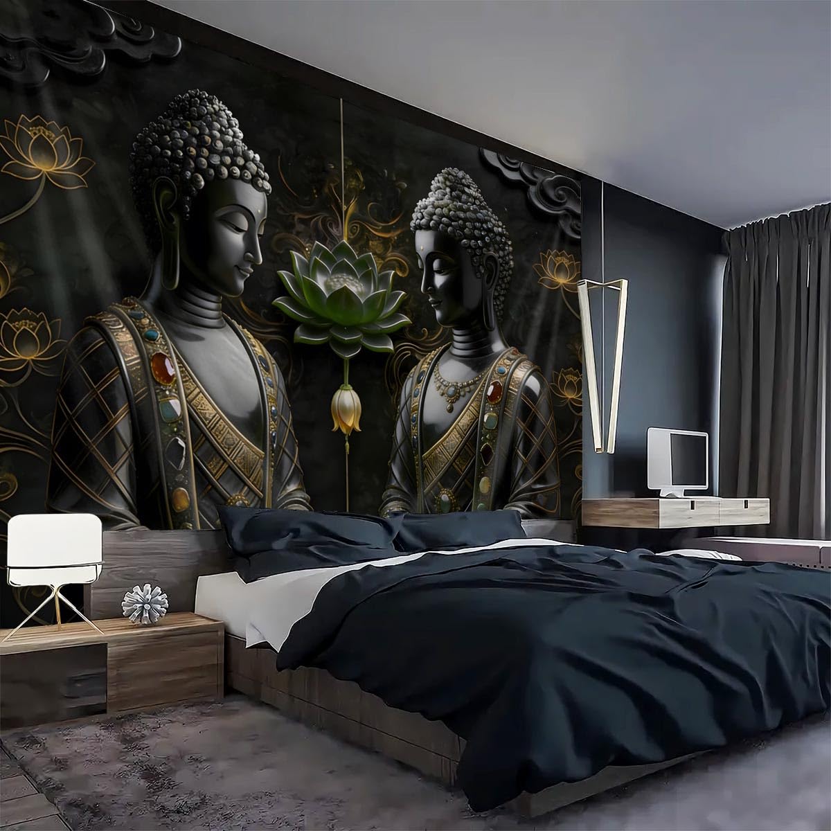 FENDROM Black Vintage Sitting Buddha Tapestry Wall Hanging Buddhist Statue Tapestries Green Lotus Meditation Wall Decor Psychedelic Indian Zen Art for Bedroom Living Room Home Decor