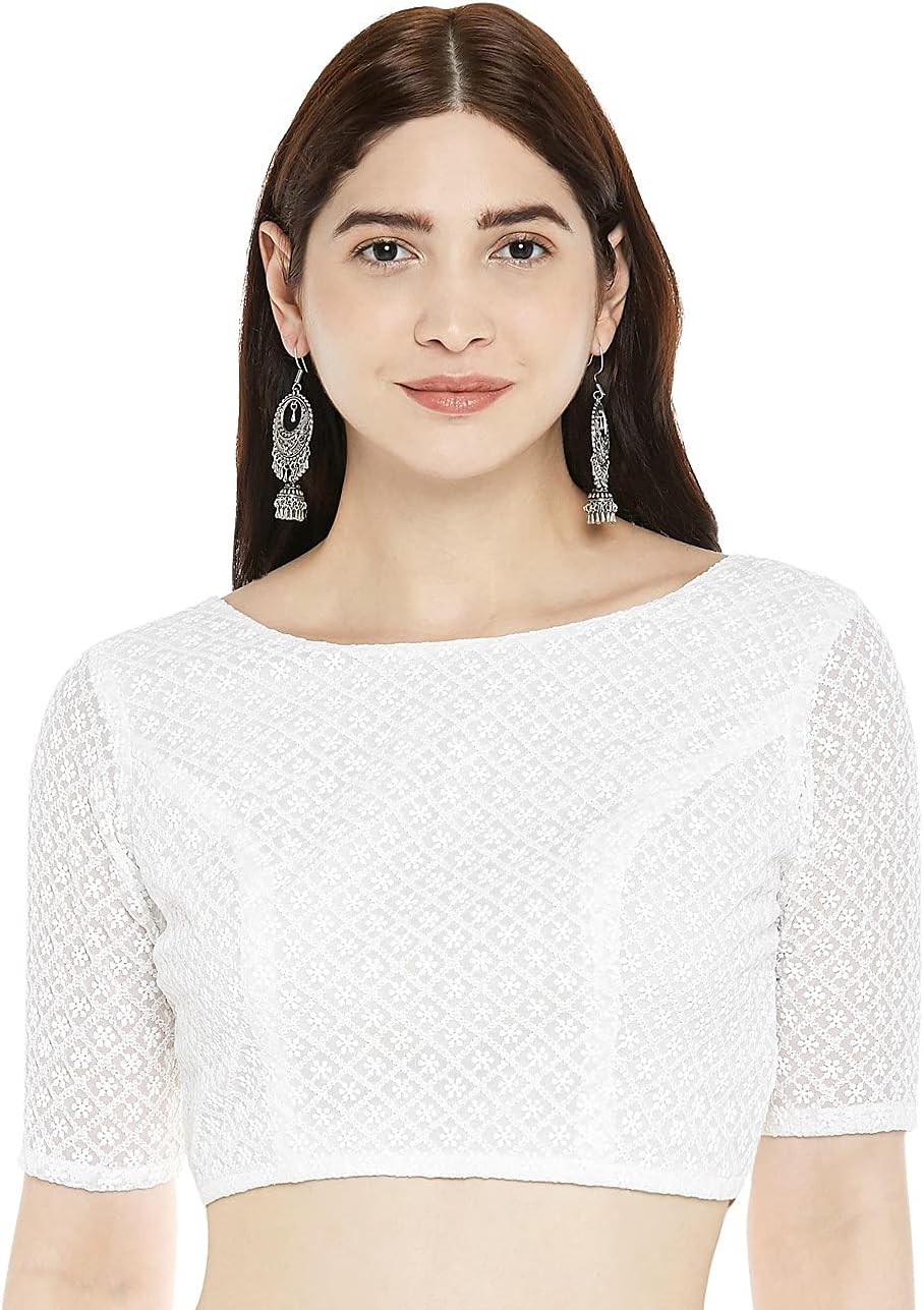 Women's Chikankari Saree Blouse with Elbow Sleeves