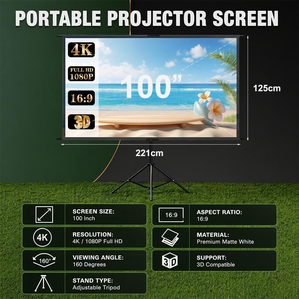 DASIAUTOEM Leinwand Beamer mit Stativ, 100 Zoll Projektionsleinwand 16: 9 HD, Tragbar Projektor Leinwand, 4K HD-Projektionsleinwand für Heimkino, Sportereignisse, Büro, Schule, Treffen
