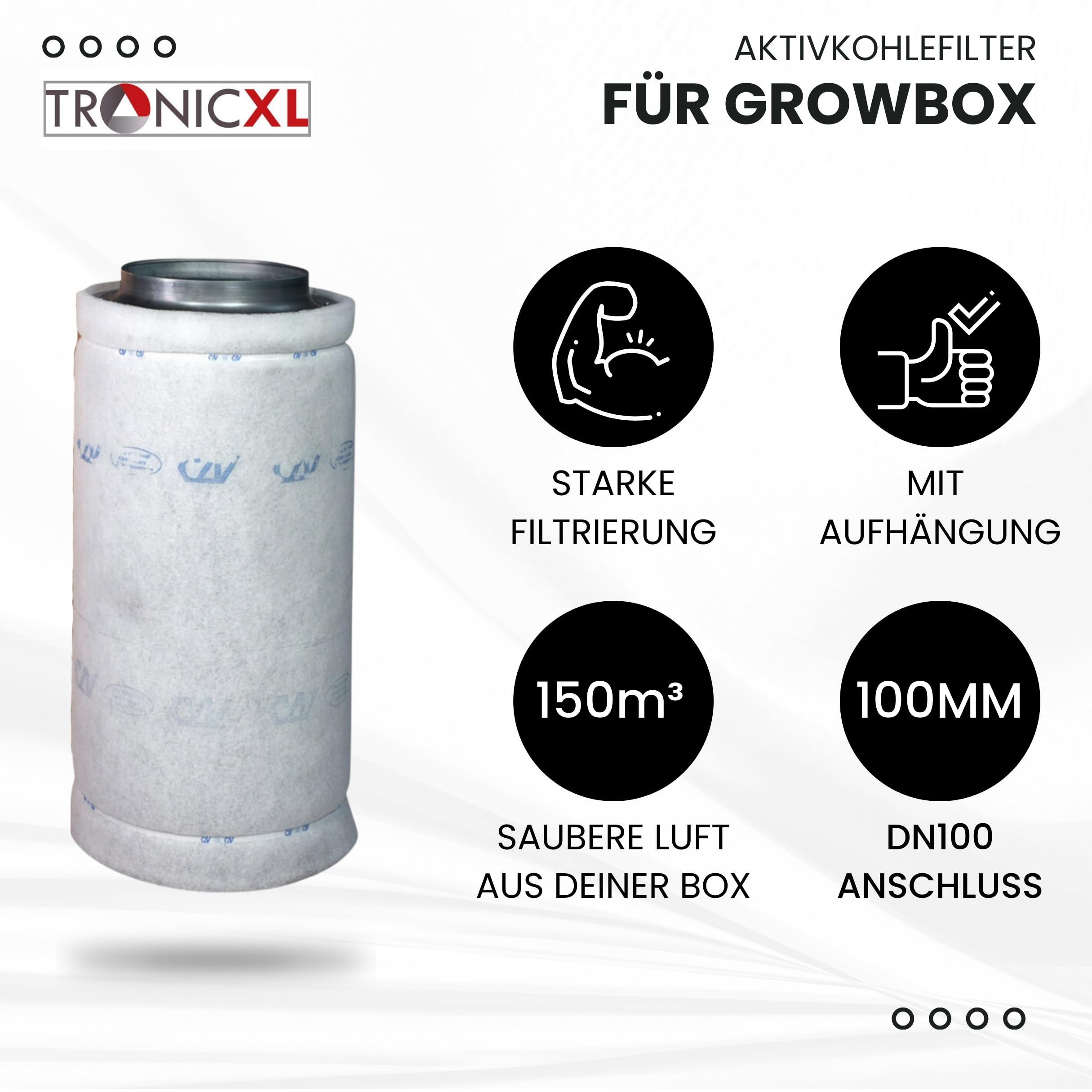 TronicXL Filtro de carbón activo premium de 100 mm + juego de suspensión para caja de cultivo para tienda de campaña, salida de aire, neutralizar olores, filtro, filtro de cultivador, filtro de carbón
