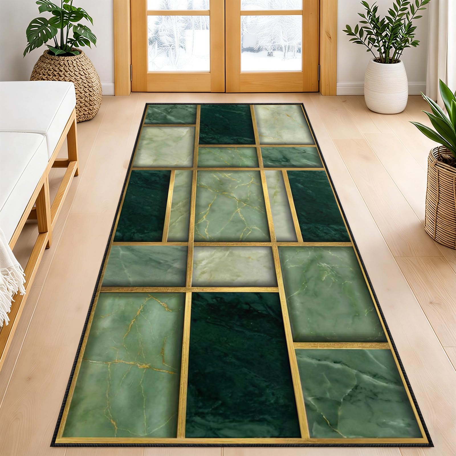 KUKEEUA Emerald Green Runner Rugs for Hallway, 60x150cm Abstract Modern Runner Rug for Kitchen, Gold and Green Carpet Runner Washable Non-Slip Mats for High Traffic Areas Decor