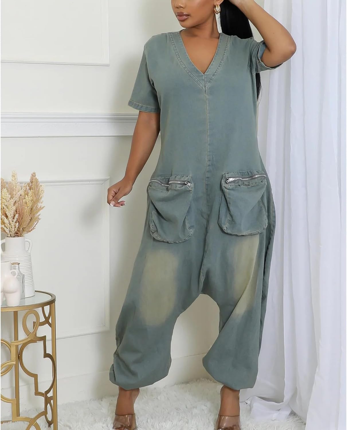 xxxiticat Women's Blue Demin Jumpsuit Short Sleeve Loose Fit Front Pockets V Neck Back Zipper One Piece Romper Overalls