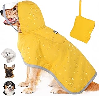 Lukovee Dog Raincoat, Adjustable Dog Rain Jacket with Clear Hooded Double Layer for Large Medium Small Dogs Puppies, Waterproof Rain Coat Poncho with Reflective Storage Pocket & Rim (Yellow,M)